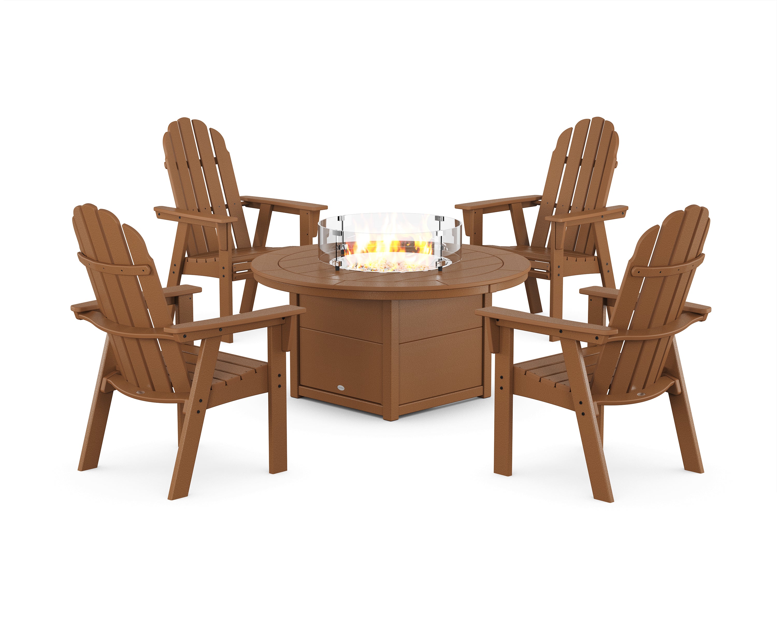 POLYWOOD Vineyard 4-Piece Curveback Upright Adirondack Conversation Set with Fire Pit Table in Teak