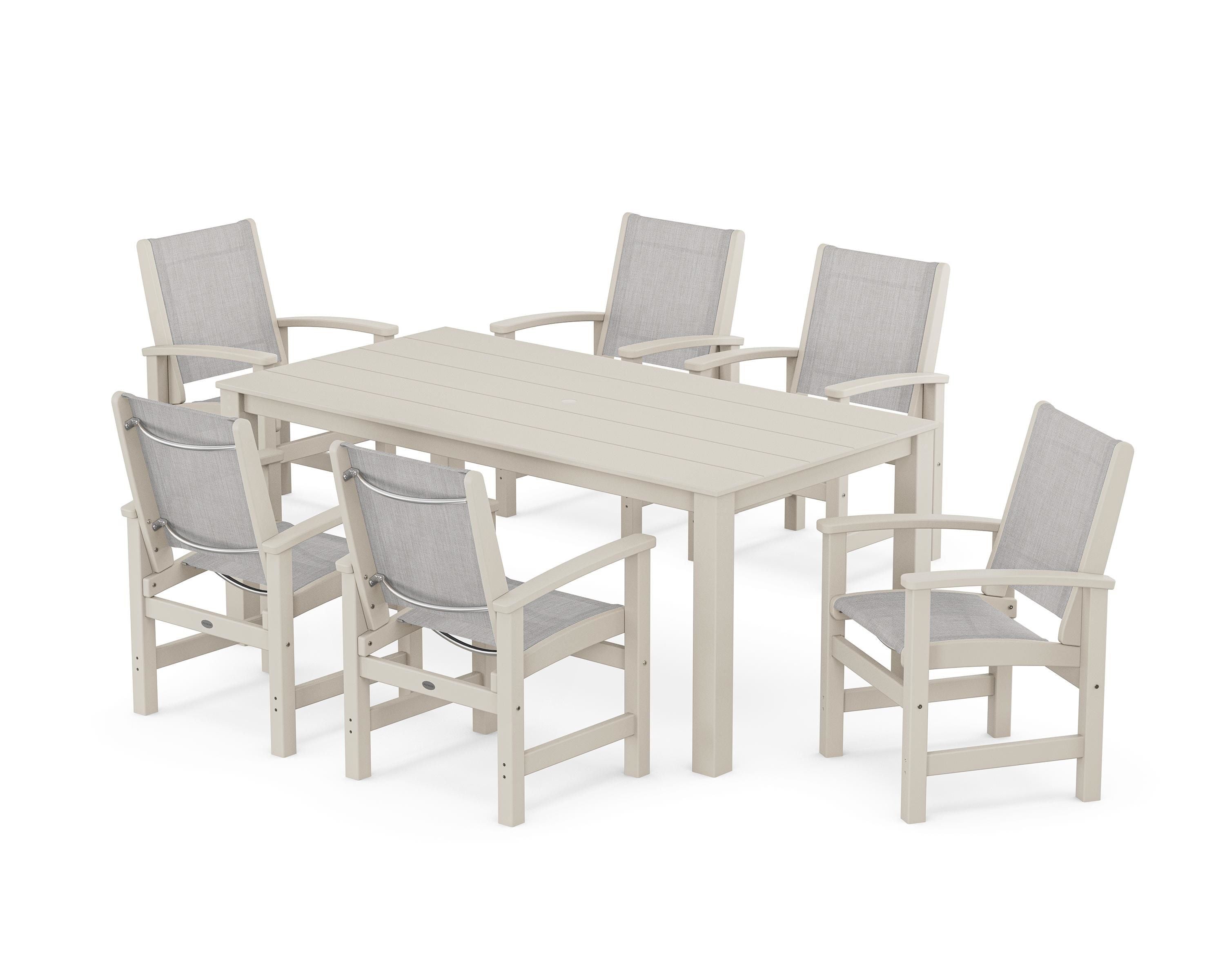 POLYWOOD Coastal 7-Piece Parsons Dining Set in Sand / Parchment Sling