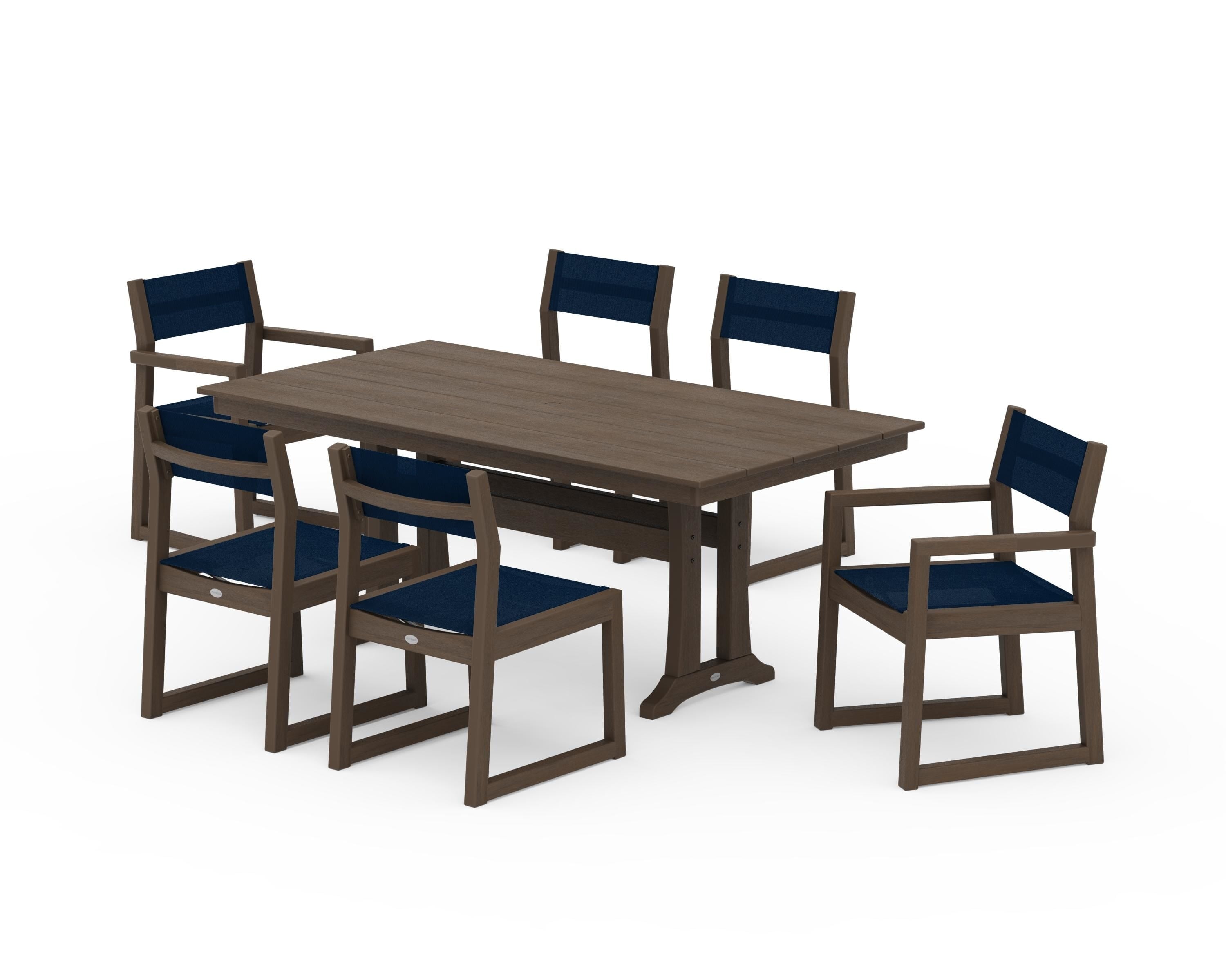POLYWOOD EDGE Sling 7-Piece Farmhouse Trestle Dining Set in Kona / Navy Blue Sling