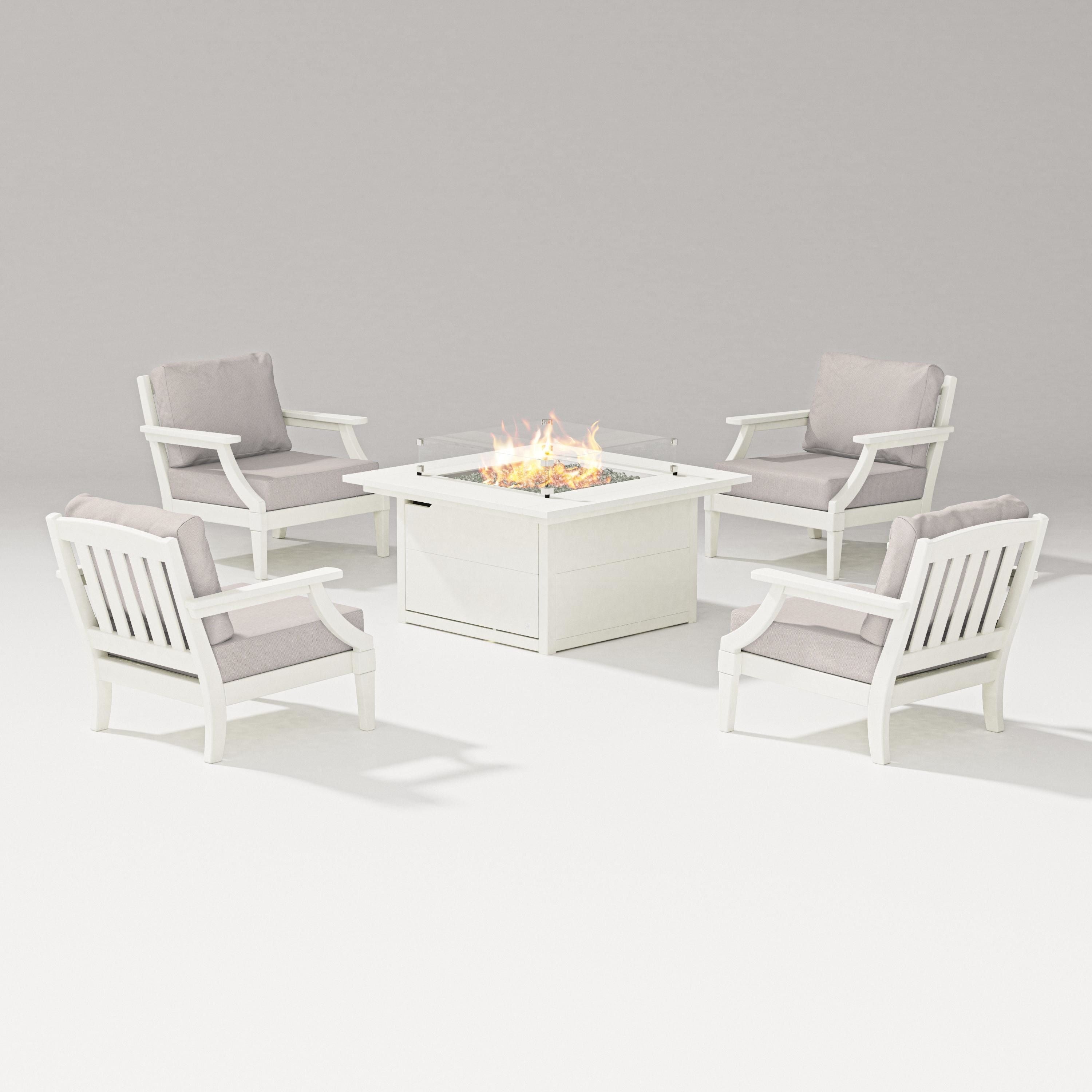 PW Designer Series Estate 5-Piece Lounge Fire Table Set in Vintage White / Dune Burlap