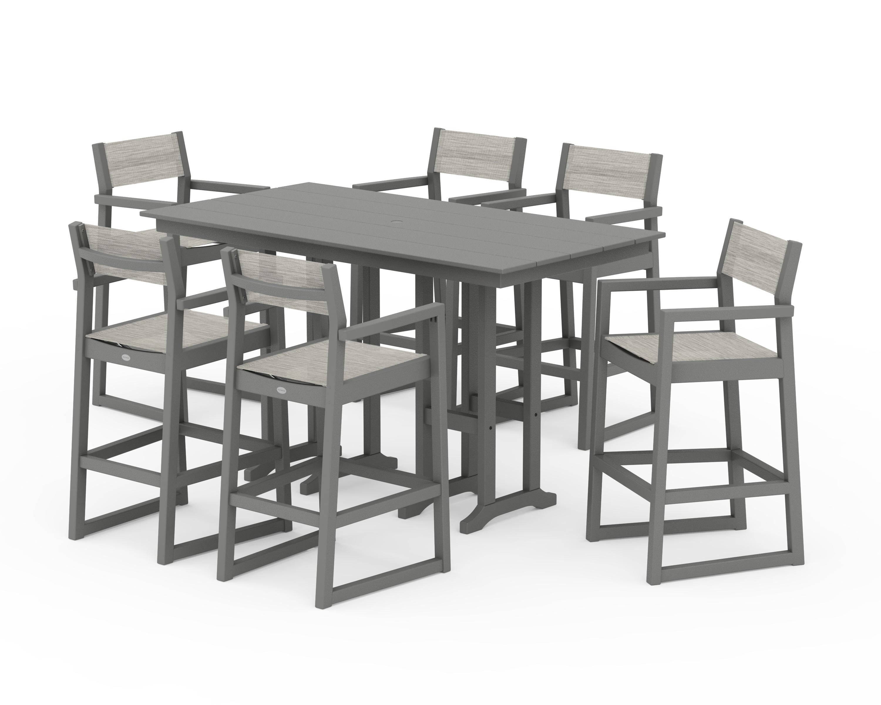 POLYWOOD EDGE Sling Arm Chair 7-Piece Farmhouse Bar Set in Slate Grey / Birch Sling