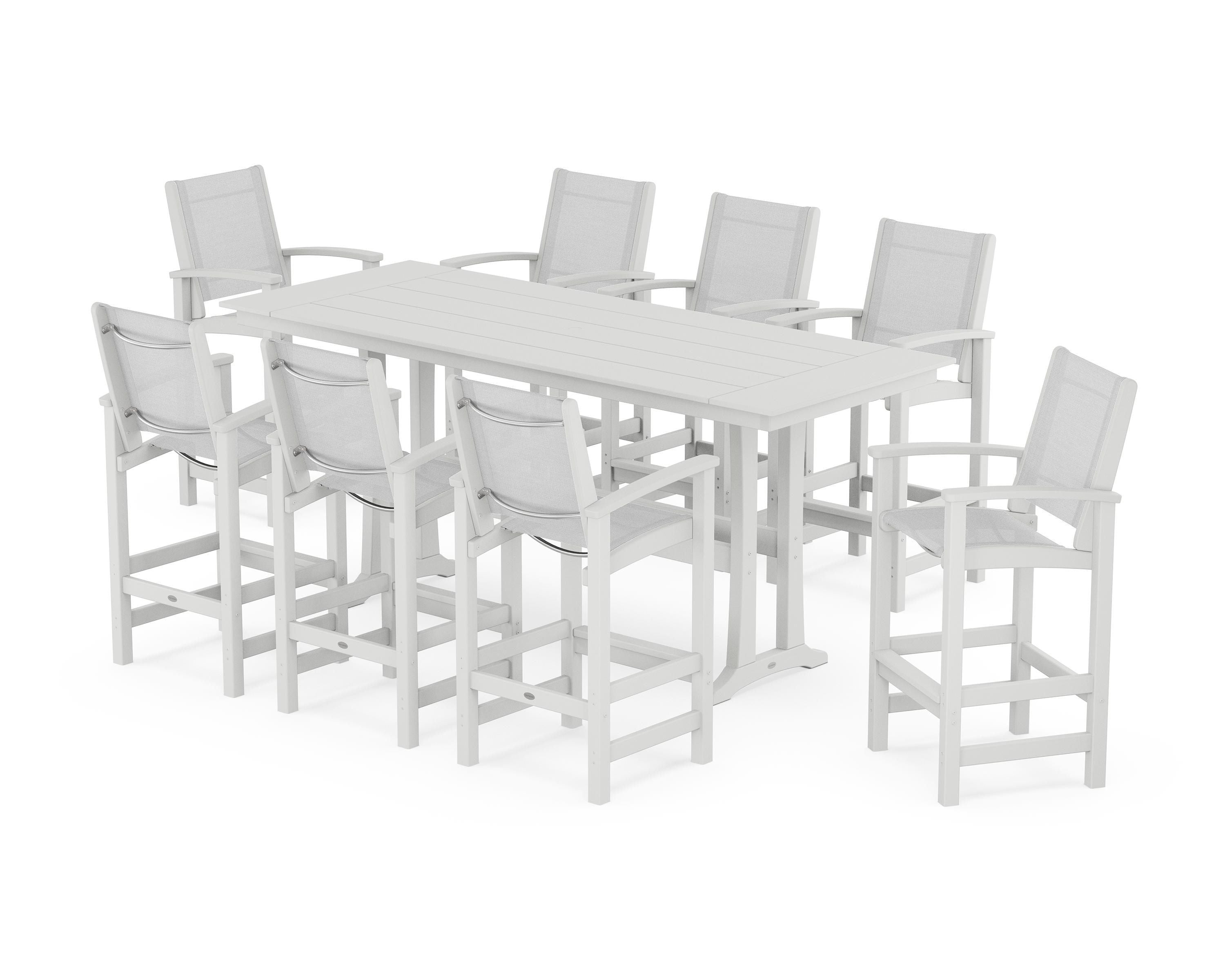 POLYWOOD Coastal 9-Piece Farmhouse Bar Set with Trestle Legs in White / White Sling