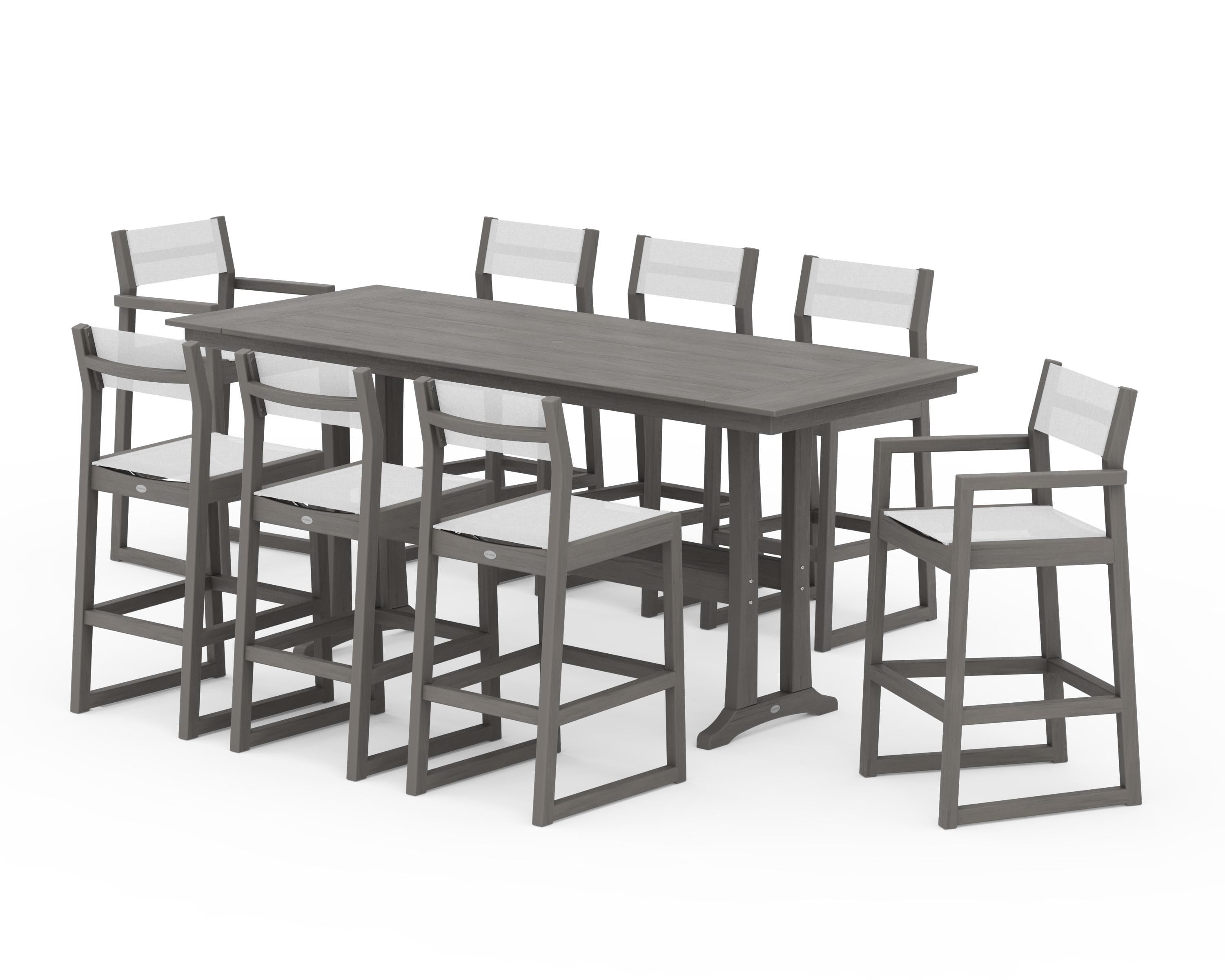 POLYWOOD EDGE Sling 9-Piece Farmhouse Bar Set with Trestle Legs in Driftwood / White Sling