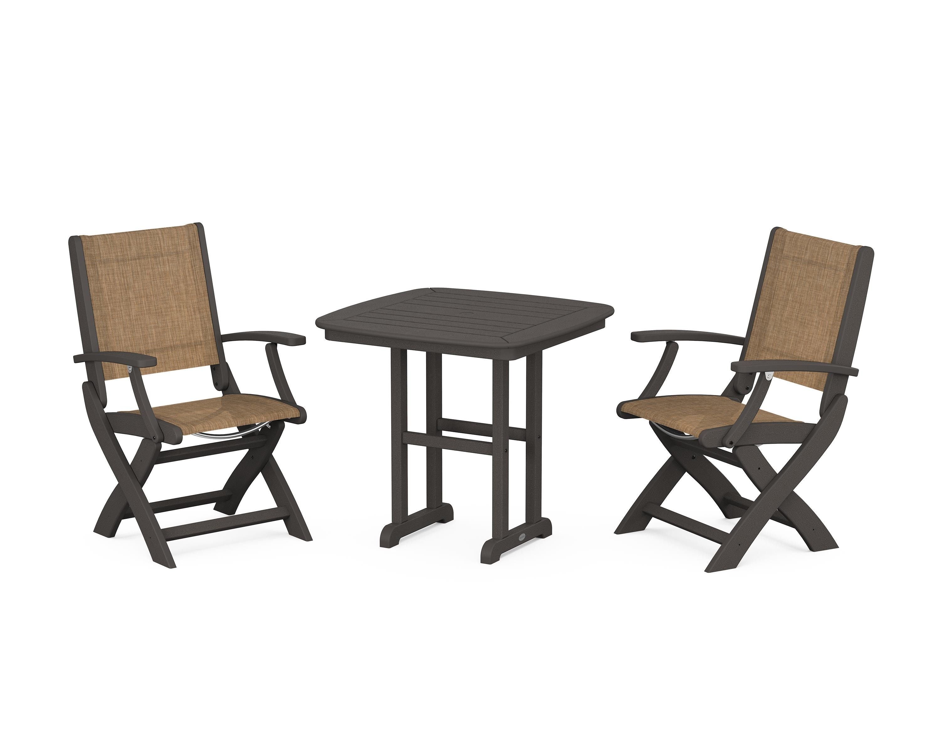 POLYWOOD Coastal Folding Chair 3-Piece Dining Set in Vintage Coffee / Burlap Sling