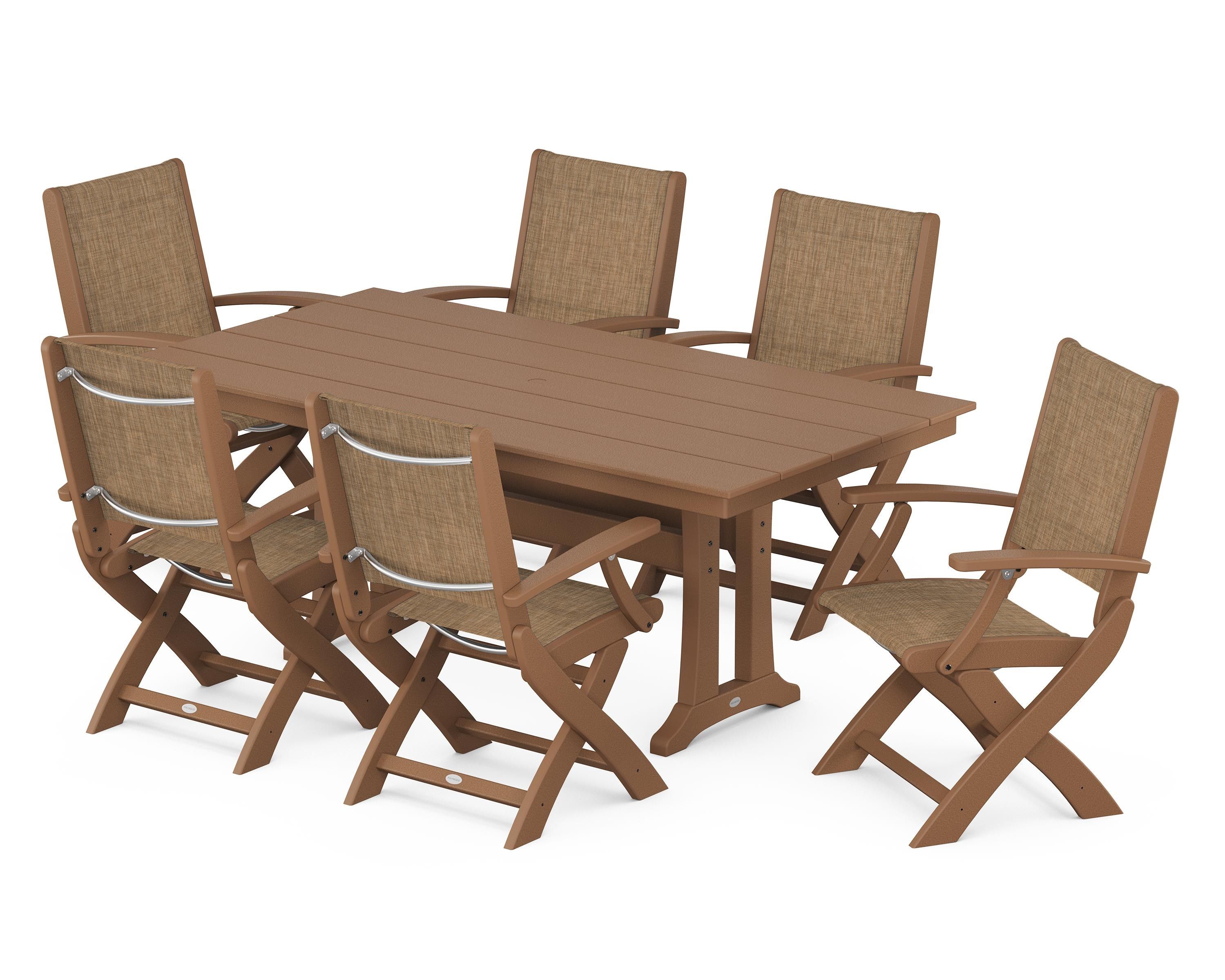 POLYWOOD Coastal Folding Arm Chair 7-Piece Farmhouse Dining Set with Trestle Legs in Teak / Burlap Sling