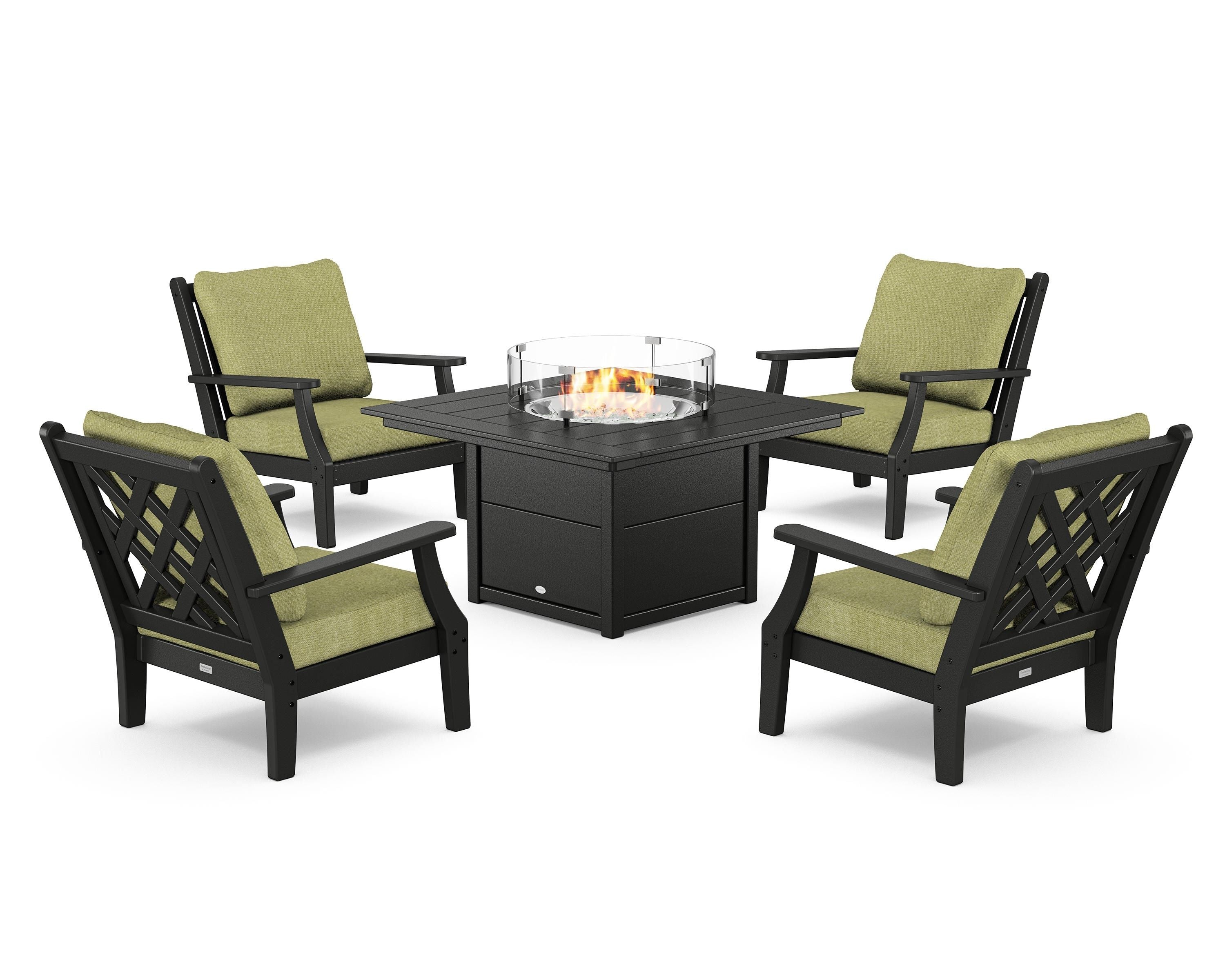 Country Living Wovendale 5-Piece Deep Seating Set with Fire Pit Table in Black / Chartreuse Boucle