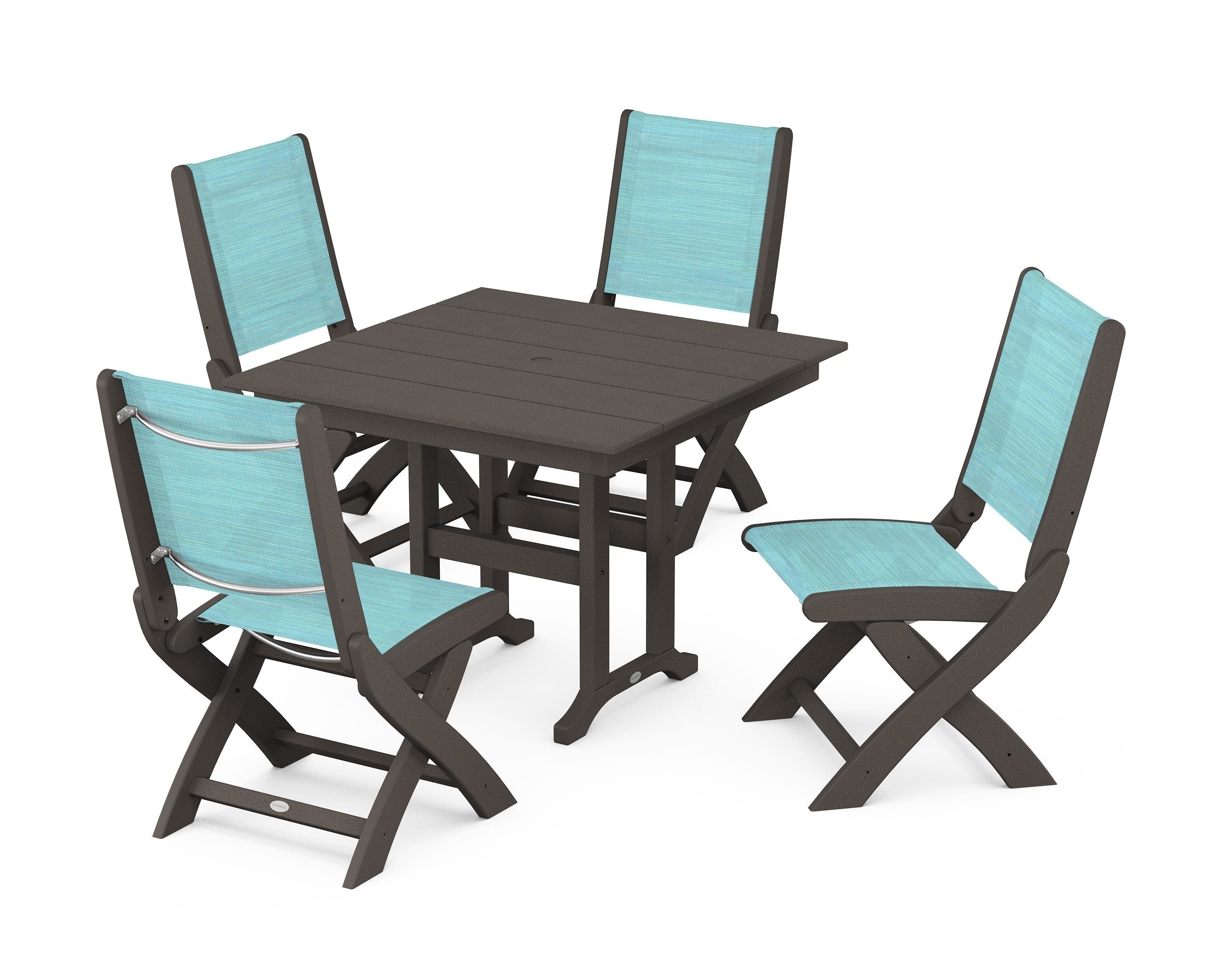 POLYWOOD Coastal Folding Side Chair 5-Piece Farmhouse Dining Set in Vintage Coffee / Dupioni Aquamarine Sling