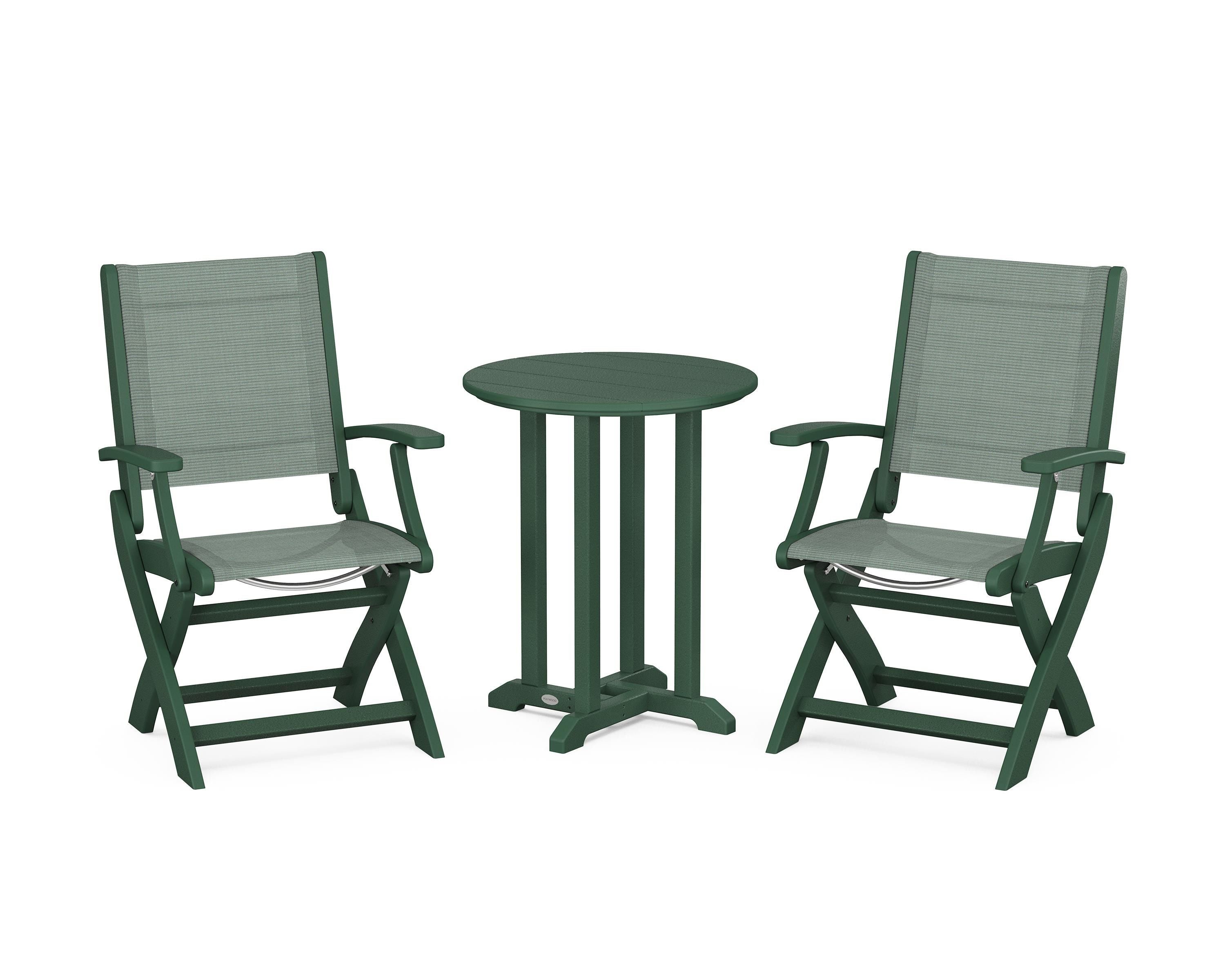 POLYWOOD Coastal Folding 3-Piece Round Bistro Dining Set in Green / Dupioni Sea Mist Sling