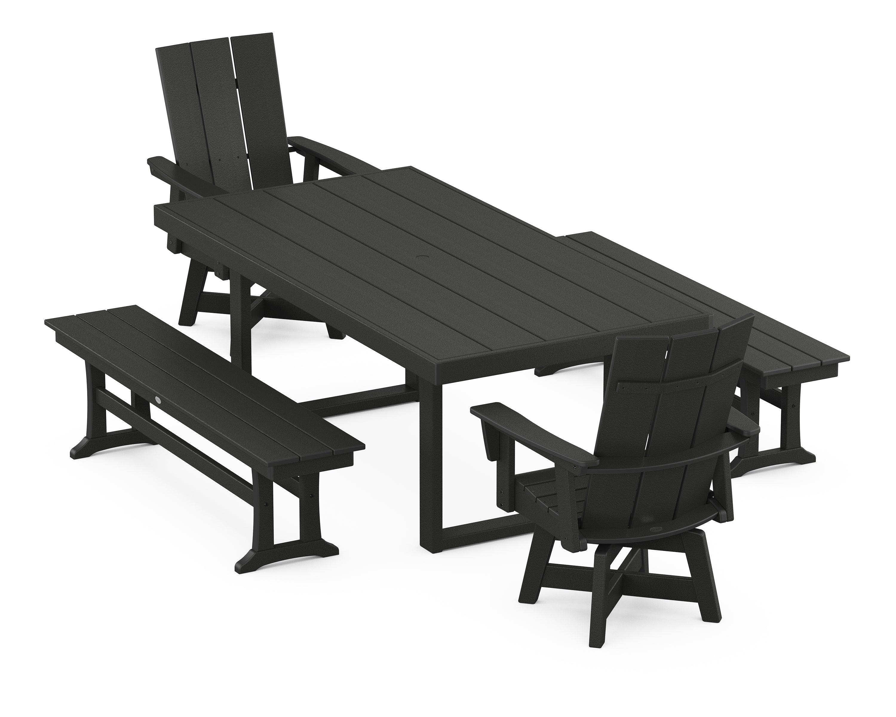 POLYWOOD Modern Adirondack Swivel Chair 5-Piece Dining Set with Benches in Black