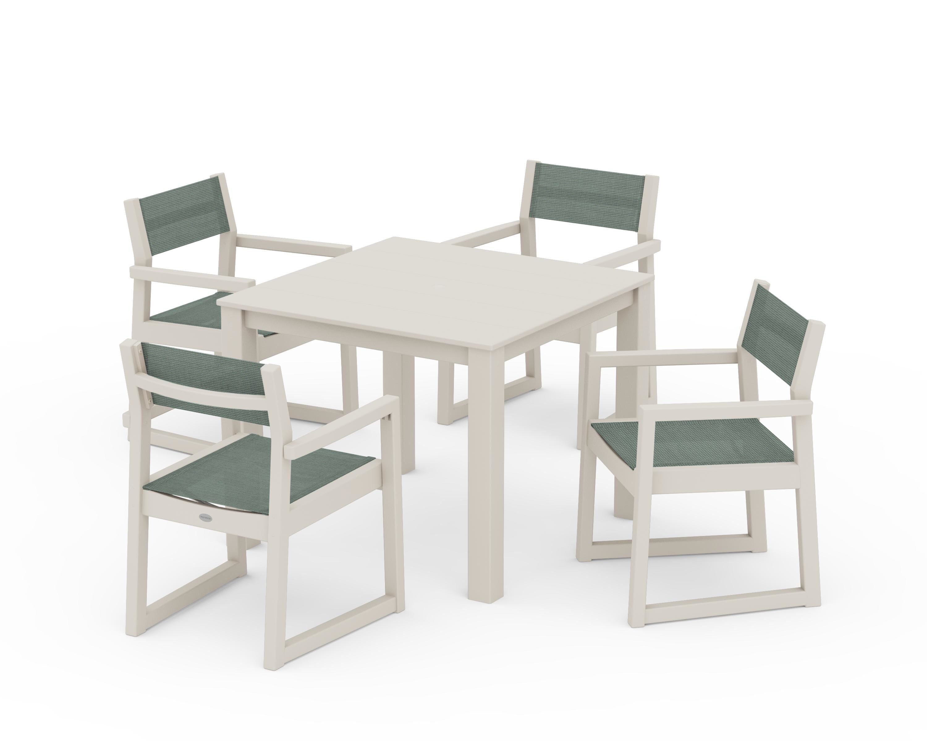 POLYWOOD EDGE Sling Arm Chair 5-Piece Parsons Dining Set in Sand / Dupioni Sea Mist Sling