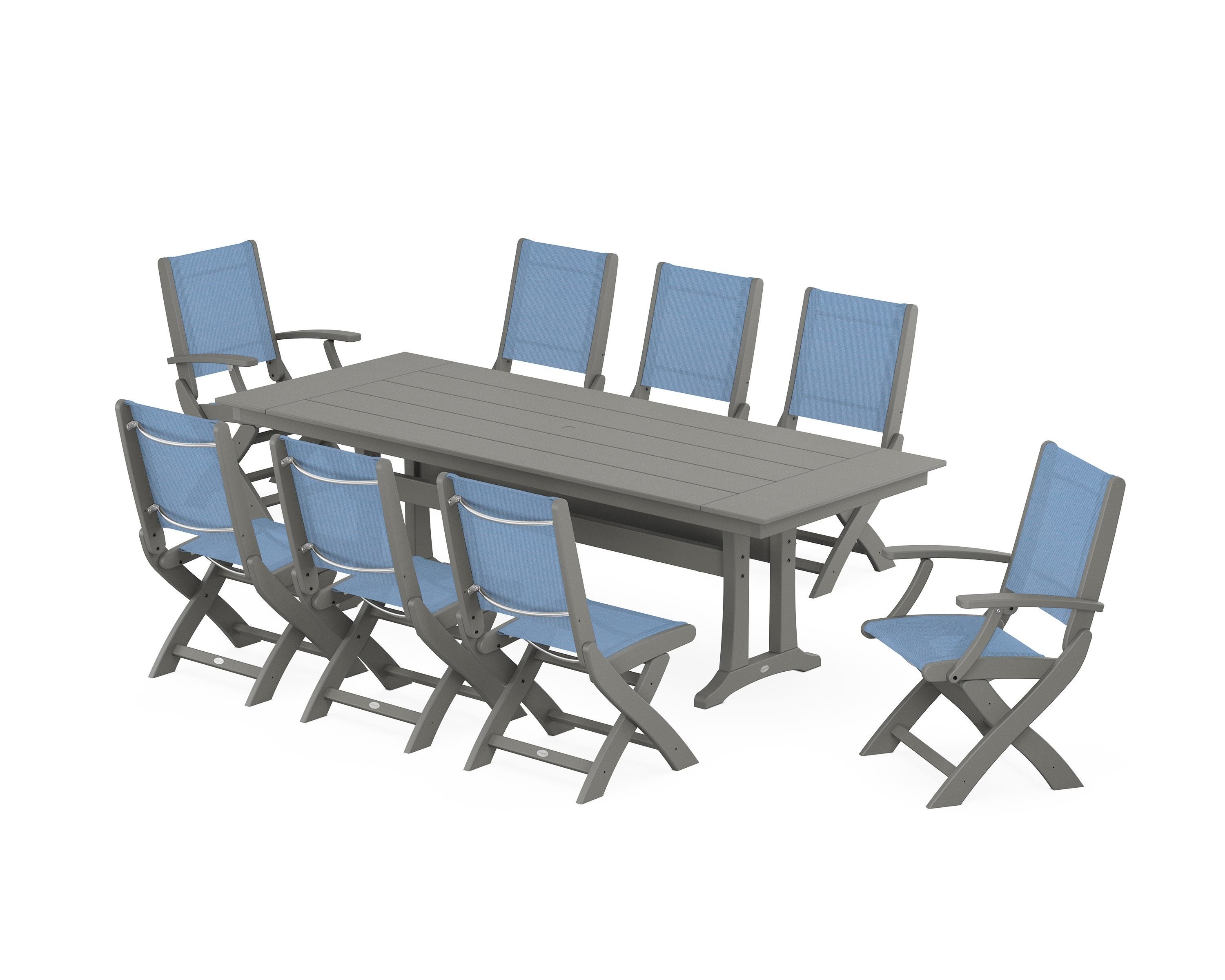 POLYWOOD Coastal 9-Piece Folding Dining Chair Farmhouse Dining Set with Trestle Legs in Slate Grey / Poolside Sling