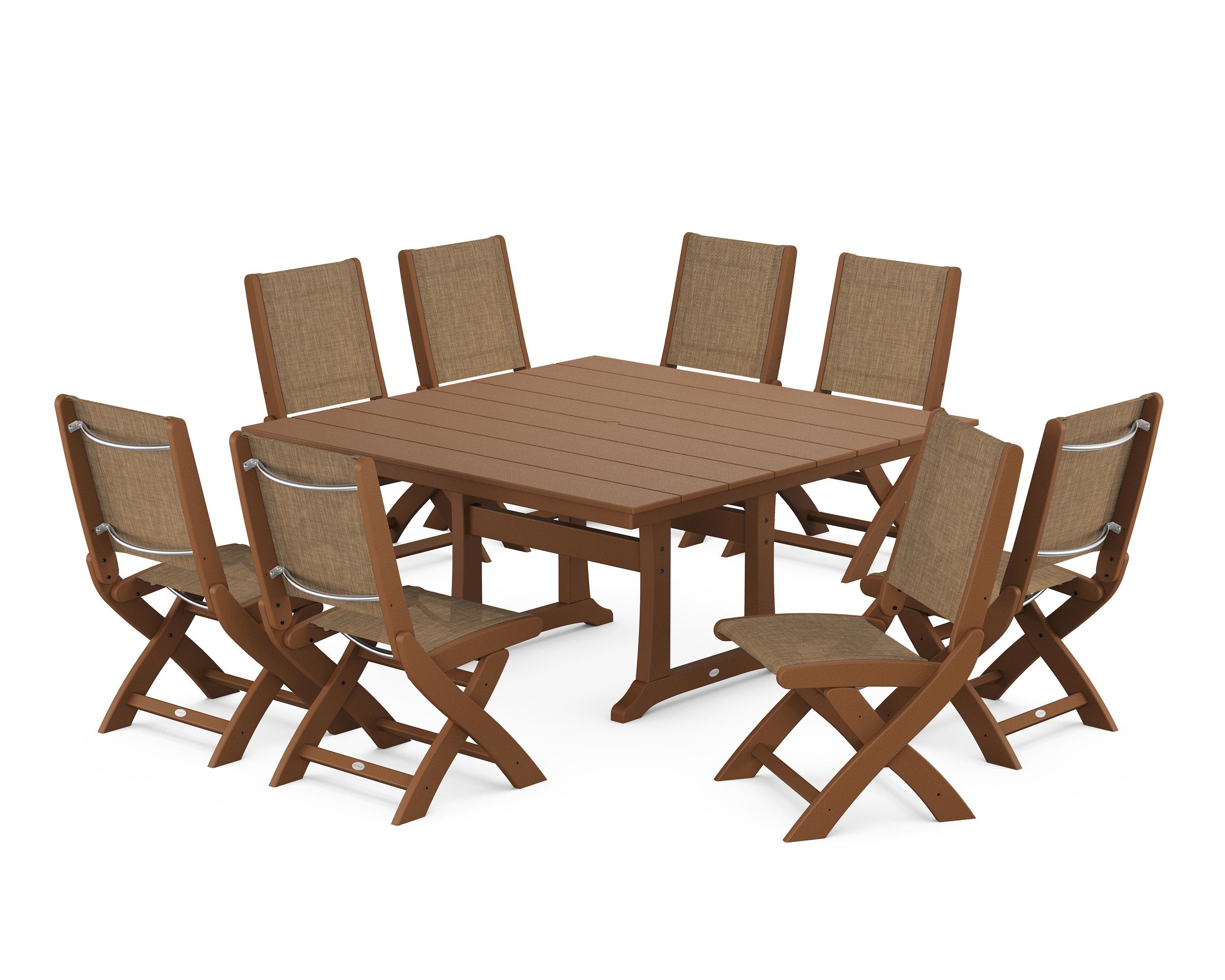 POLYWOOD Coastal Folding Side Chair 9-Piece Farmhouse Dining Set in Teak / Burlap Sling