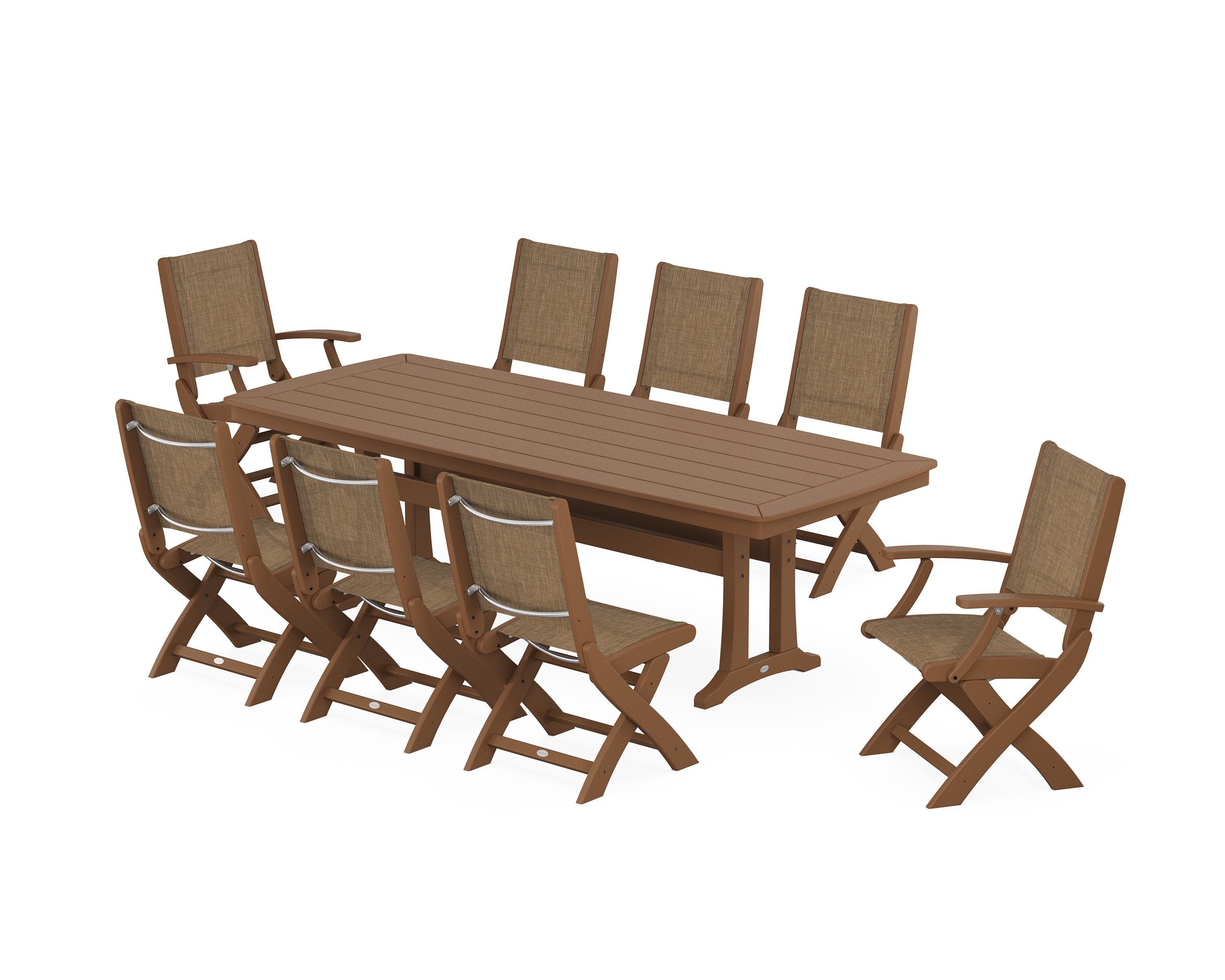 POLYWOOD Coastal Folding 9-Piece Dining Set with Trestle Legs in Teak / Burlap Sling