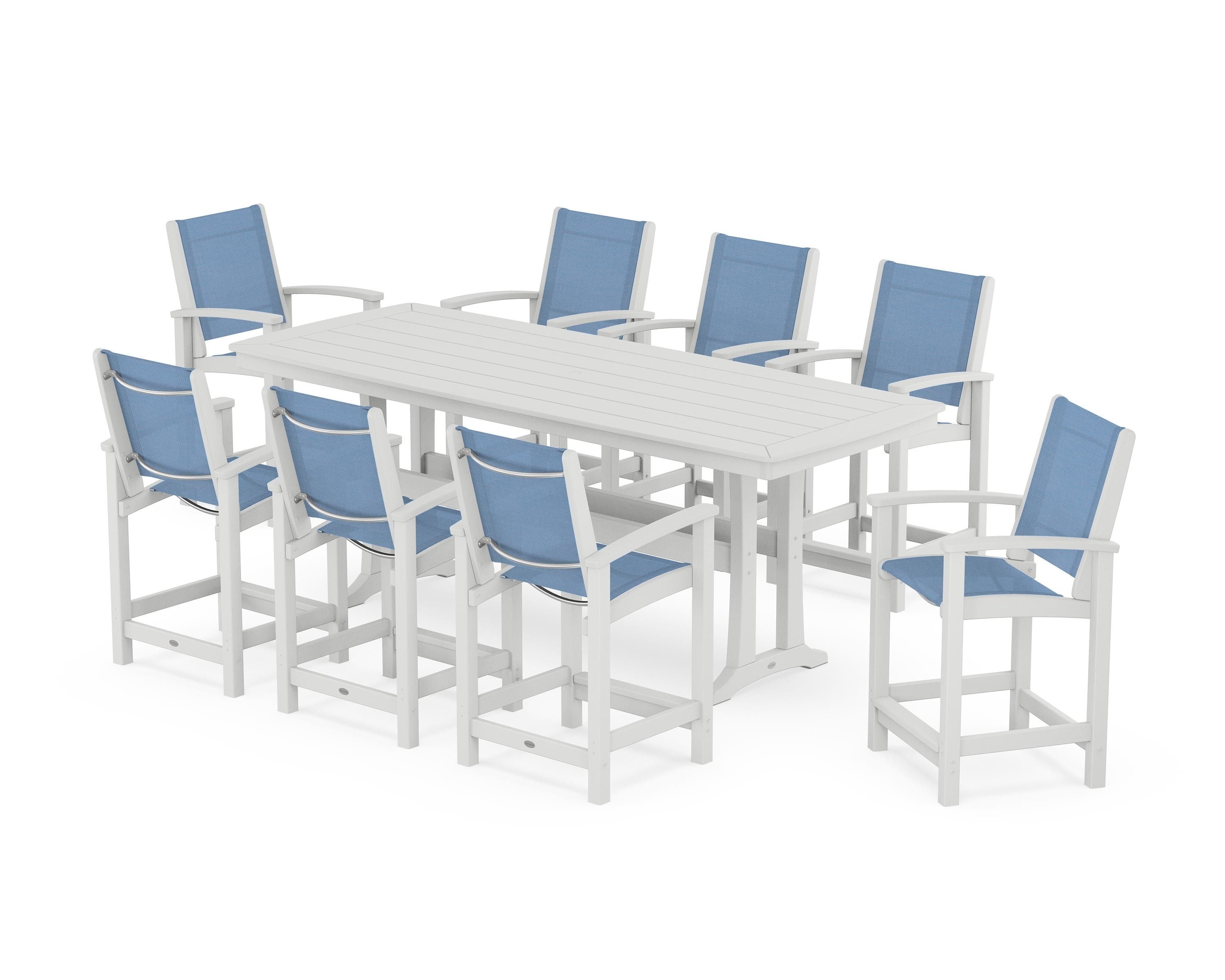 POLYWOOD Coastal 9-Piece Counter Set with Trestle Legs in White / Poolside Sling