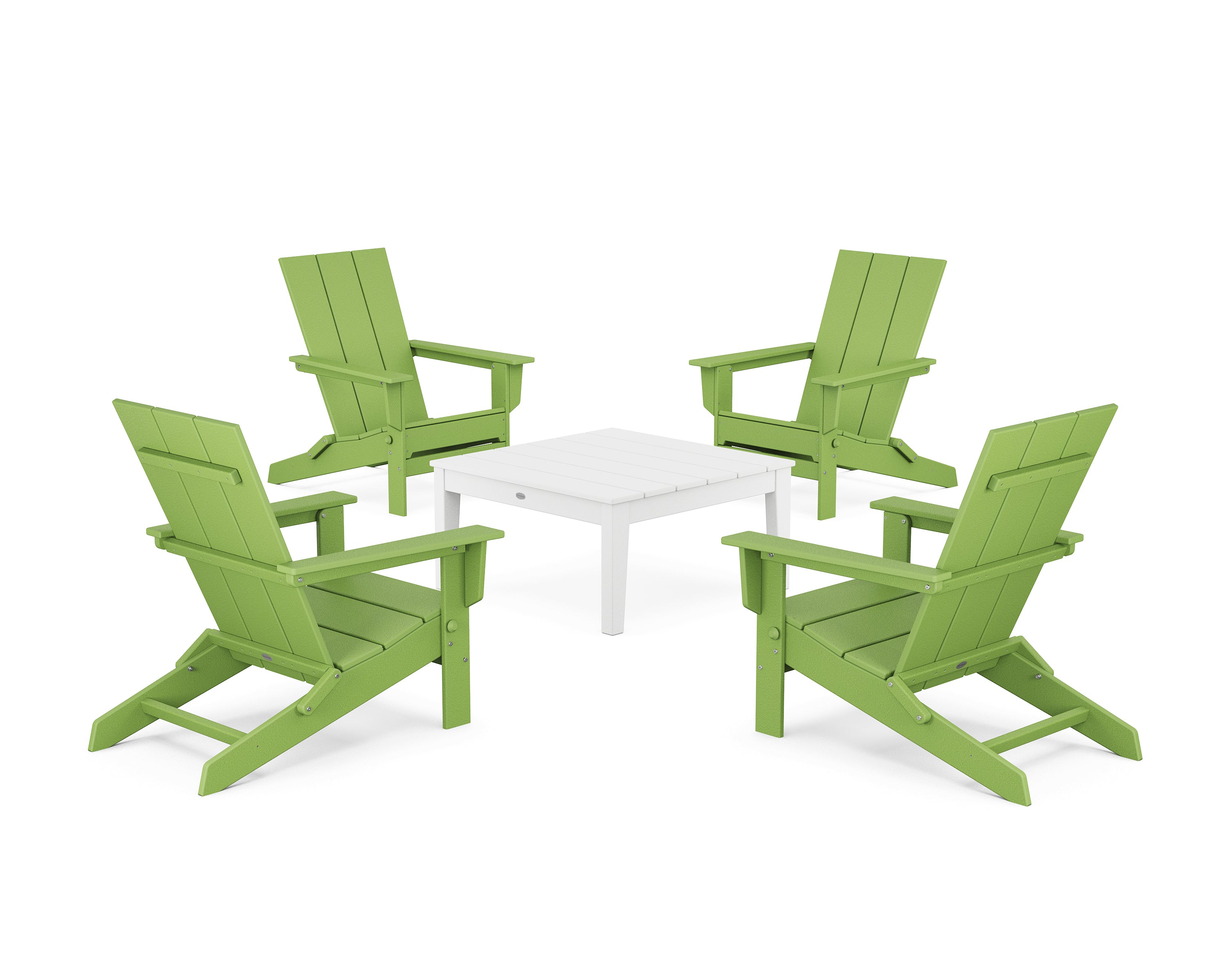 POLYWOOD 5-Piece Modern Studio Folding Adirondack Chair Conversation Group in Lime / White