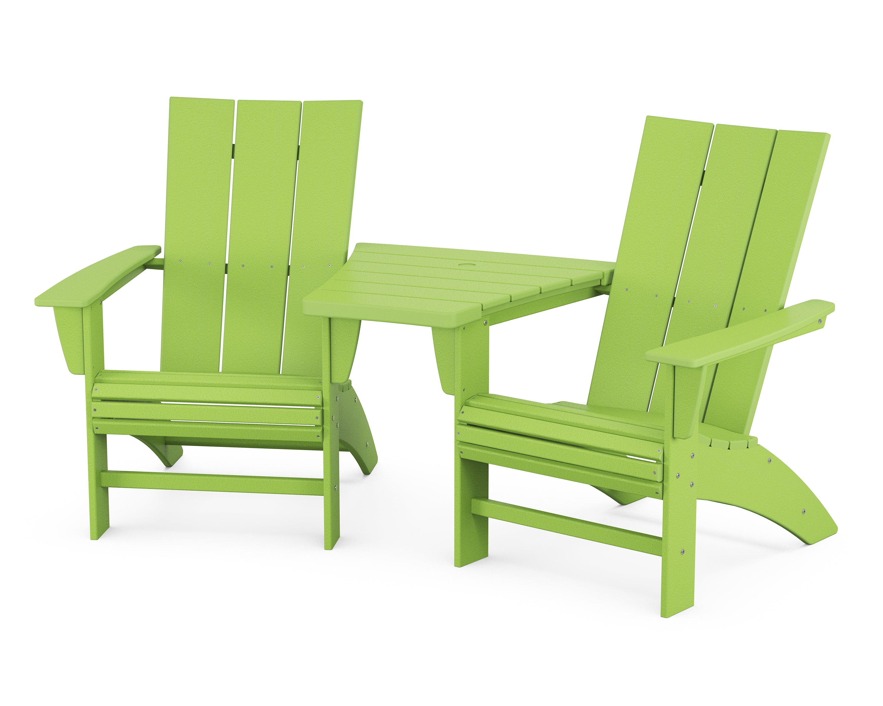 POLYWOOD® Modern 3-Piece Curveback Adirondack Set with Angled Connecting Table in Lime