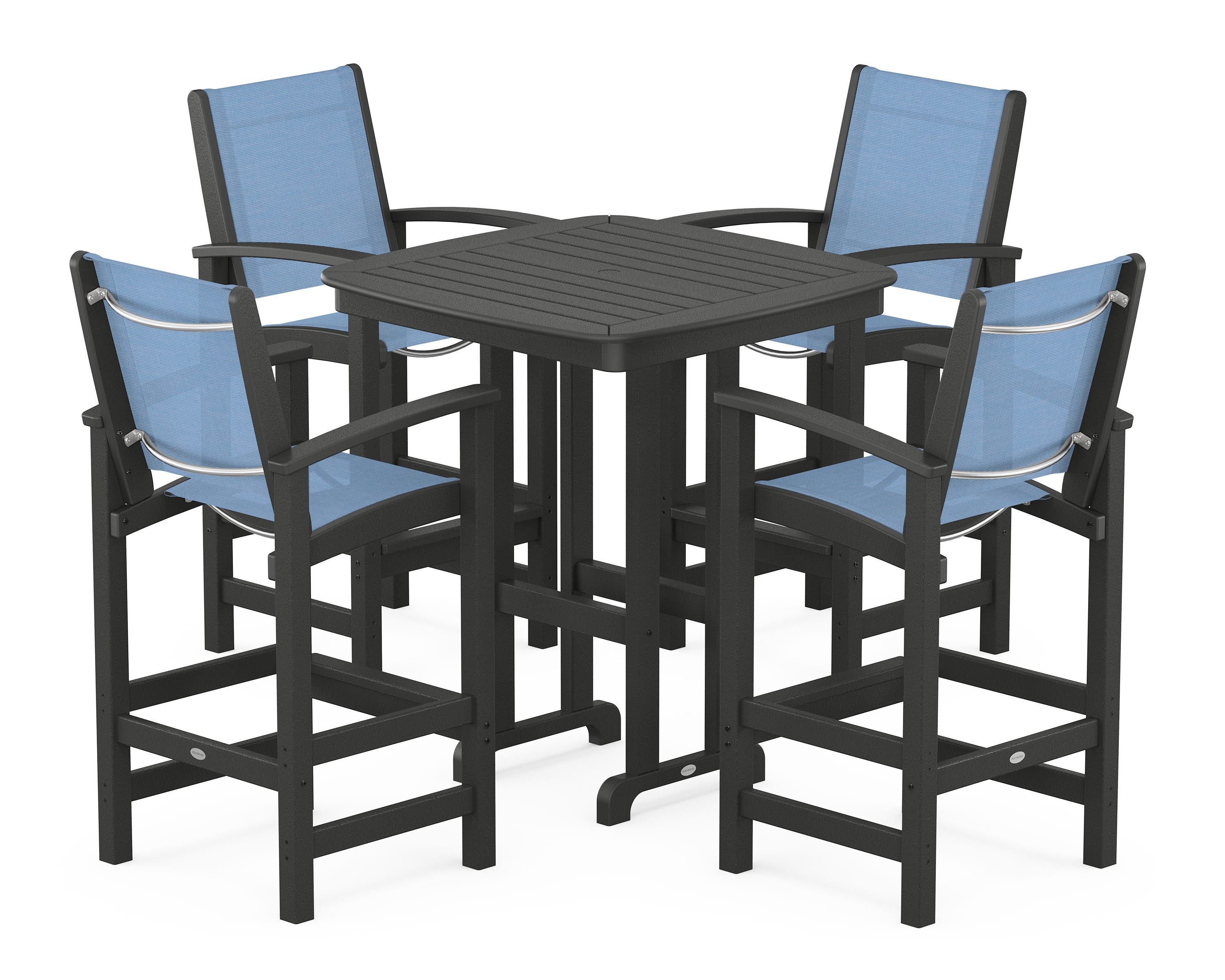 POLYWOOD Coastal 5-Piece Bar Set in Black / Poolside Sling