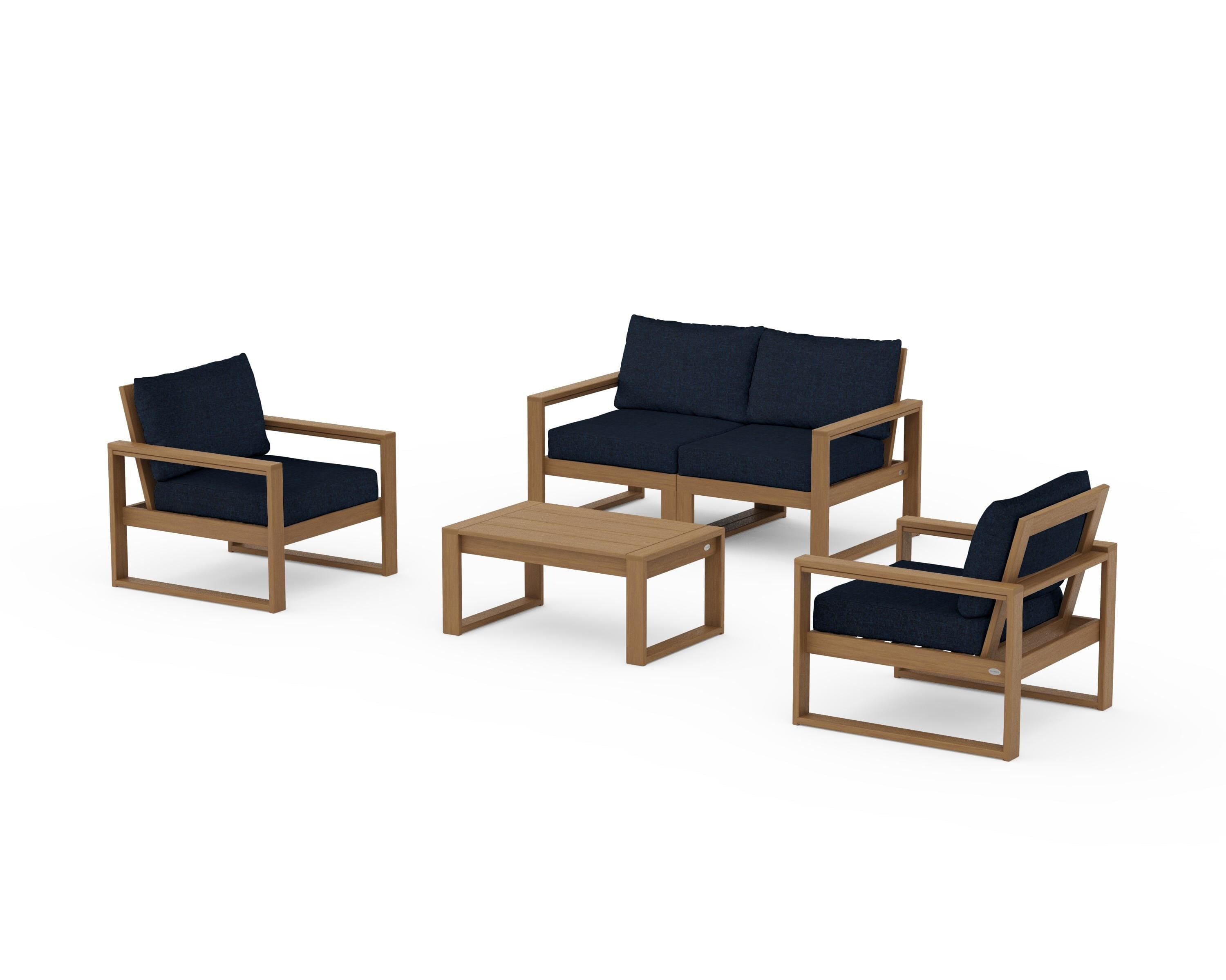 POLYWOOD EDGE Sectional 4-Piece Deep Seating Set with Loveseat in Natural / Marine Indigo
