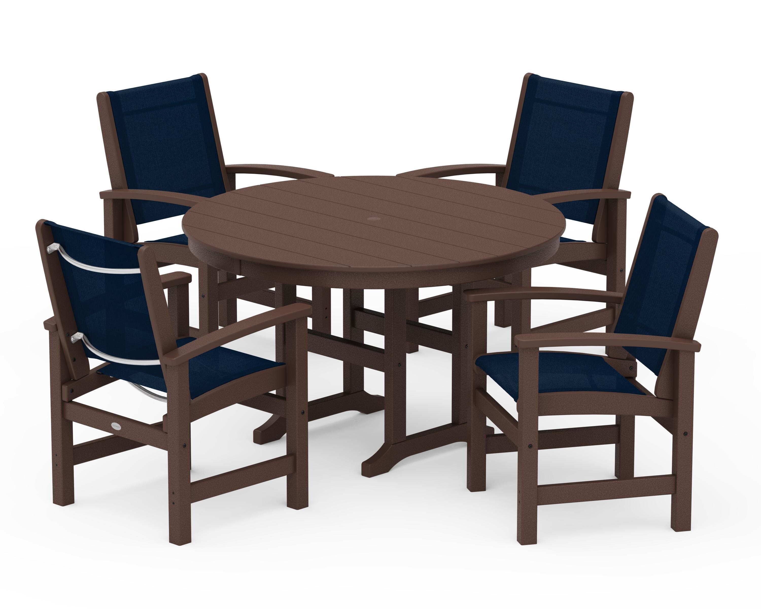 POLYWOOD Coastal 5-Piece Round Farmhouse Dining Set in Mahogany / Navy Blue Sling