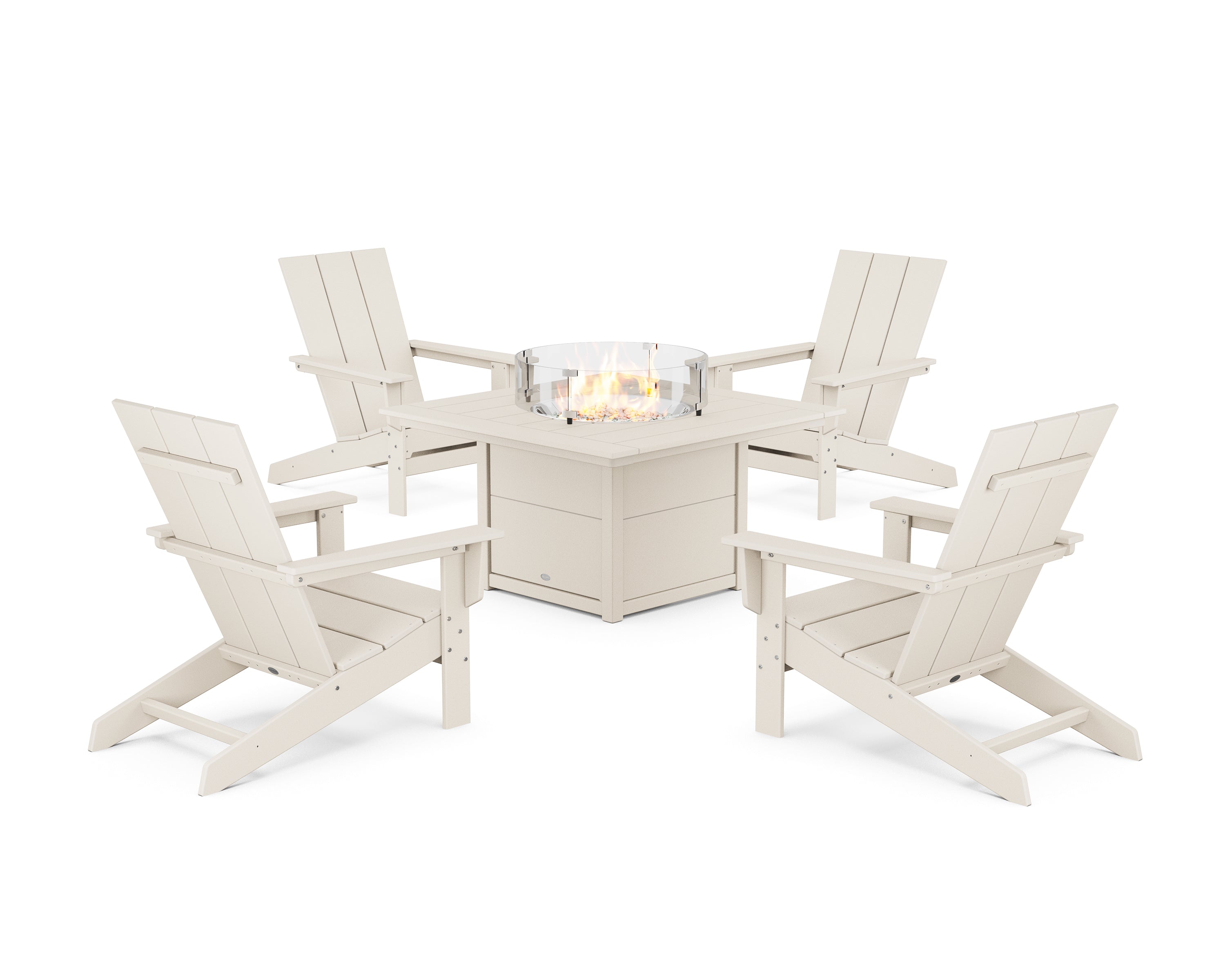 POLYWOOD 5-Piece Modern Studio Adirondack Conversation Set with Fire Pit Table in Sand