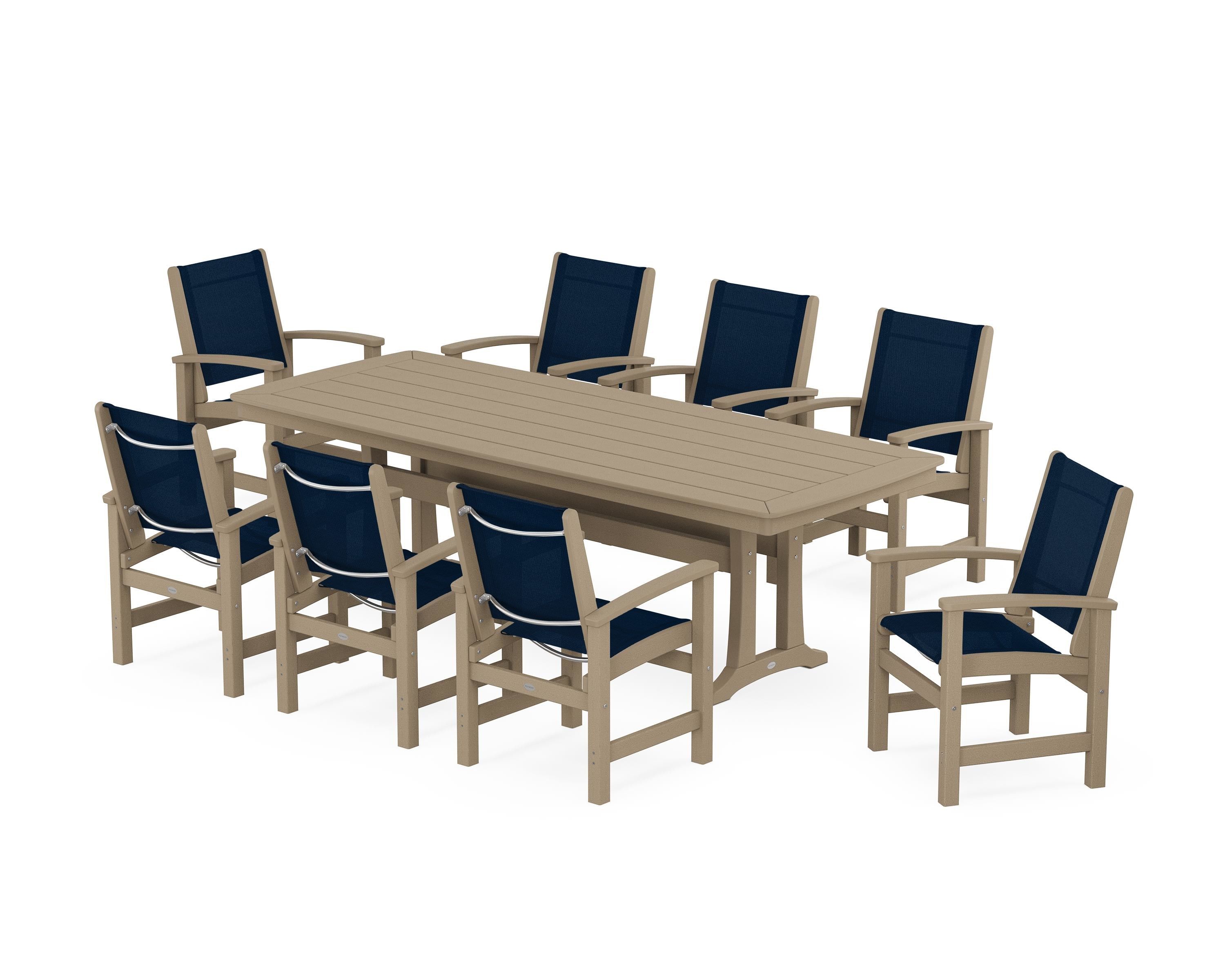 POLYWOOD Coastal 9-Piece Dining Set with Trestle Legs in Vintage Sahara / Navy Blue Sling