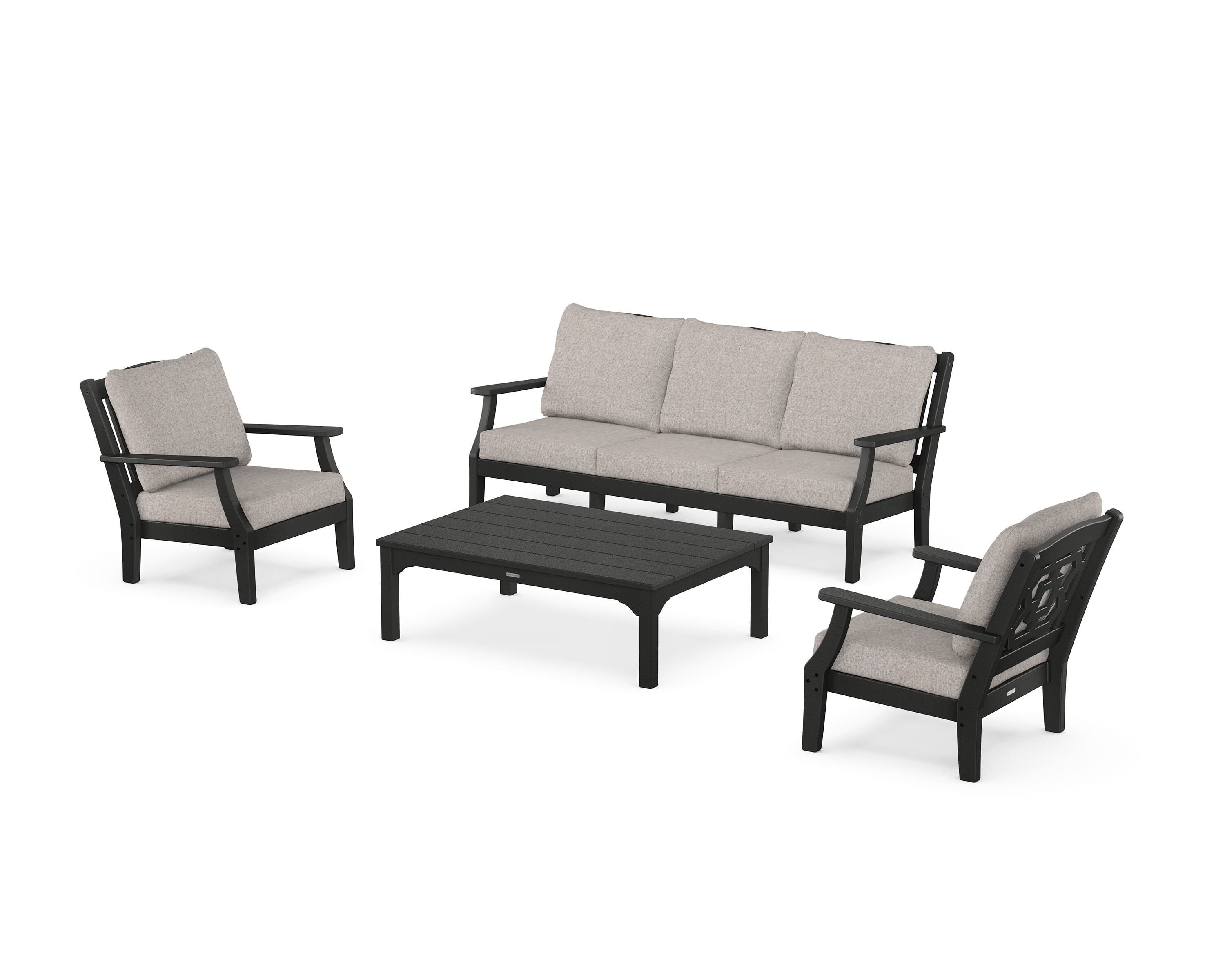 Martha Stewart by POLYWOOD Chinoiserie 4-Piece Deep Seating Set with Sofa in Black / Weathered Tweed