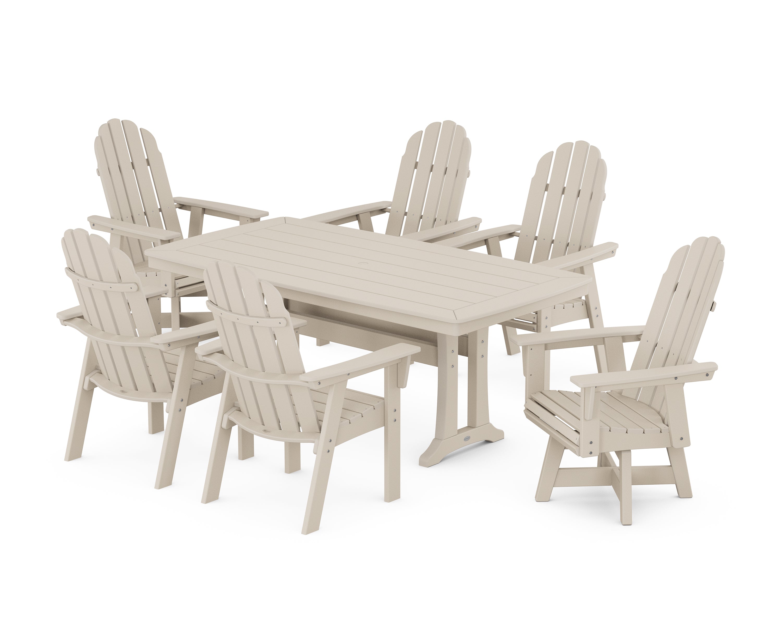 POLYWOOD® Vineyard Curveback Adirondack Swivel Chair 7-Piece Dining Set with Trestle Legs in Sand