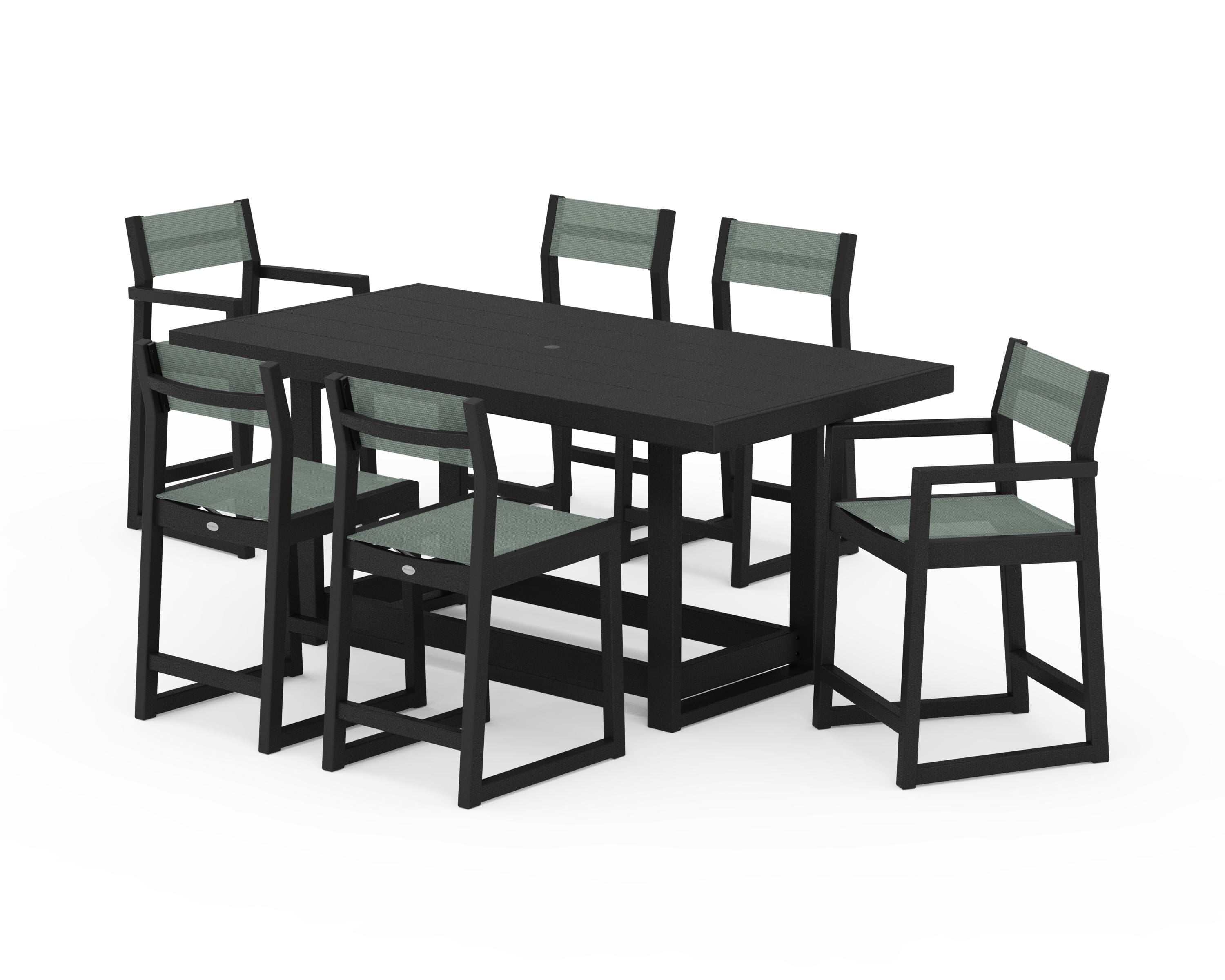 POLYWOOD EDGE Sling 7-Piece Counter Table Set in Black / Dupioni Sea Mist Sling