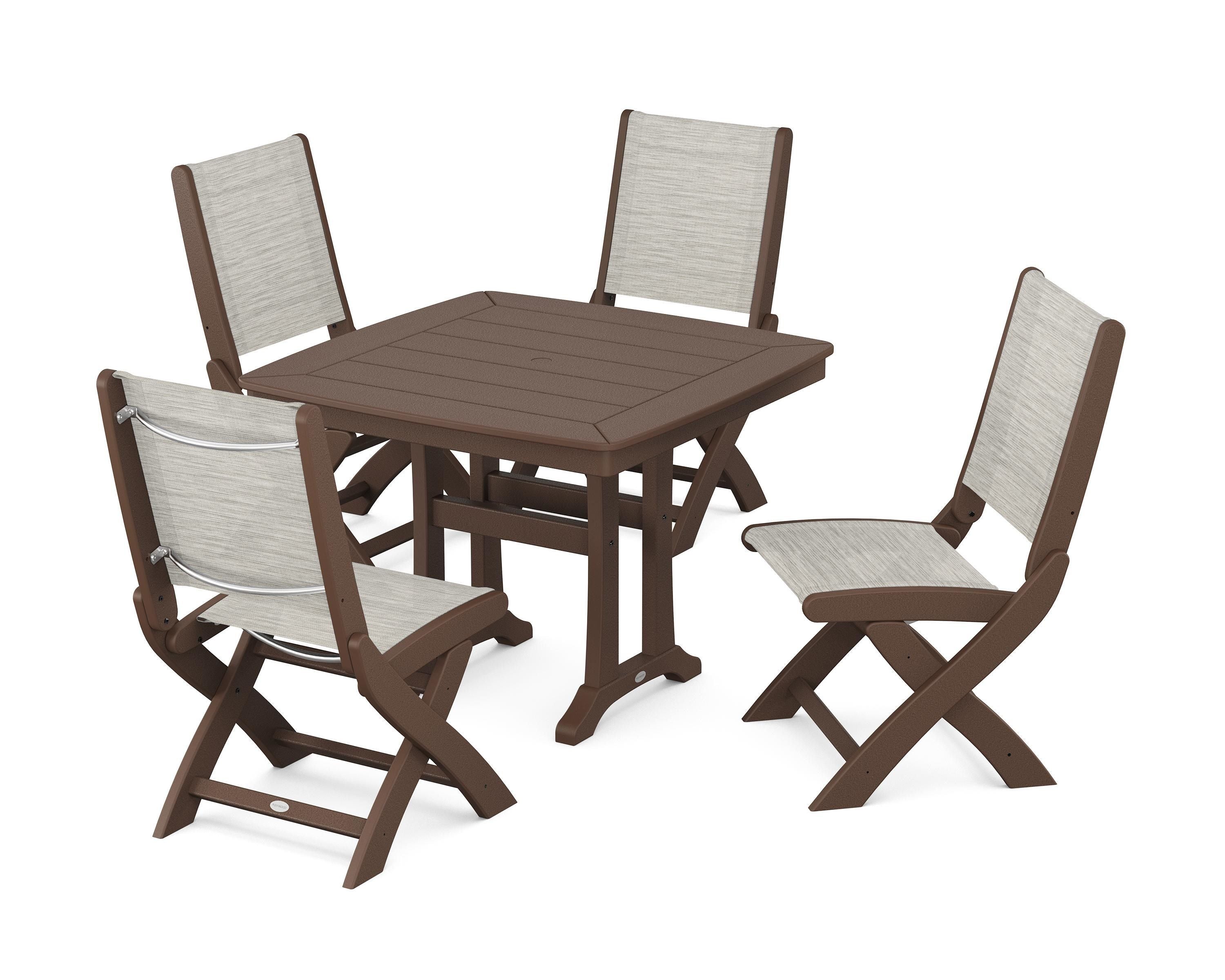 POLYWOOD Coastal Folding Side Chair 5-Piece Dining Set with Trestle Legs in Mahogany / Birch Sling