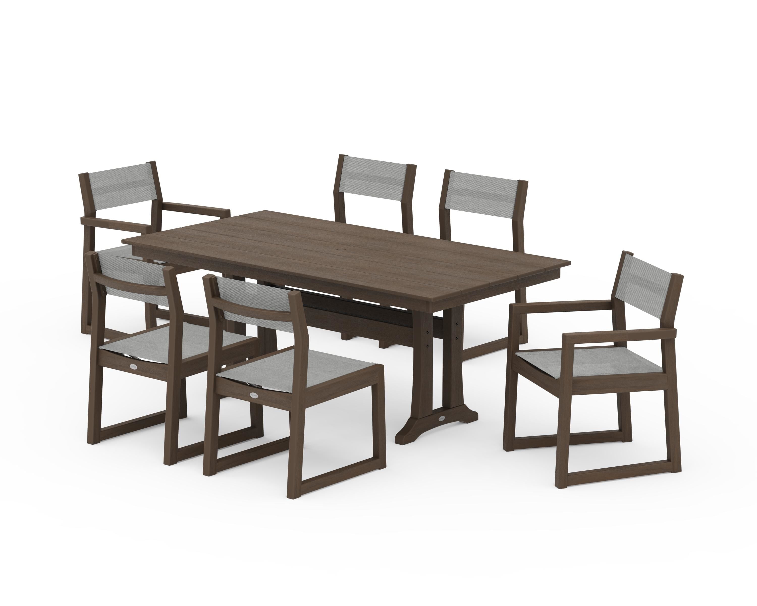 POLYWOOD EDGE Sling 7-Piece Farmhouse Trestle Dining Set in Kona / Metallic Sling