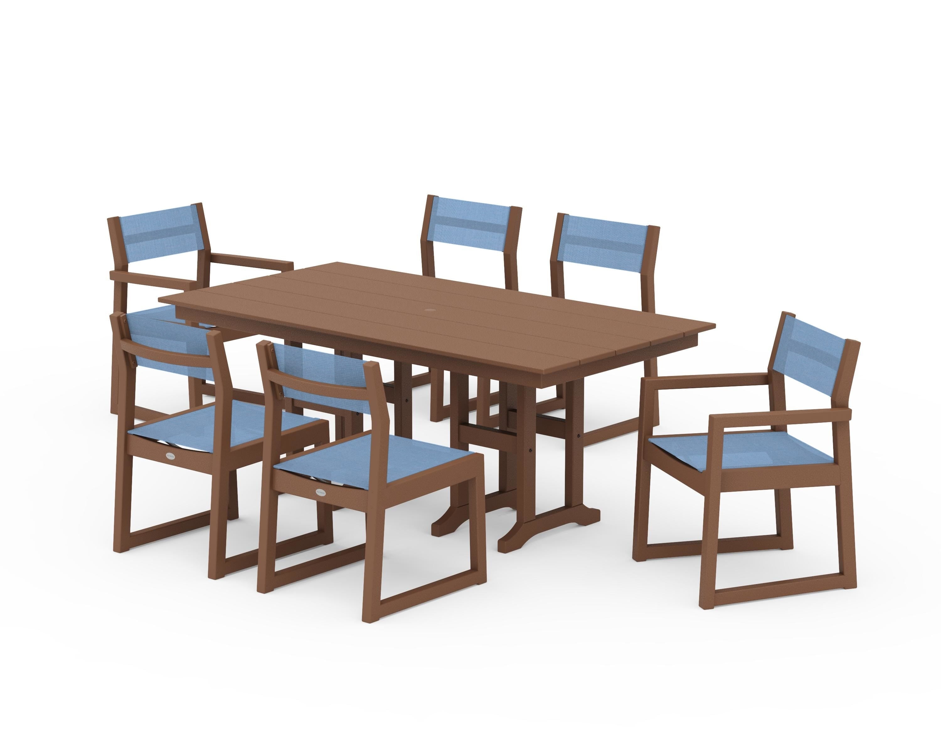 POLYWOOD EDGE Sling 7-Piece Farmhouse Dining Set in Teak / Poolside Sling