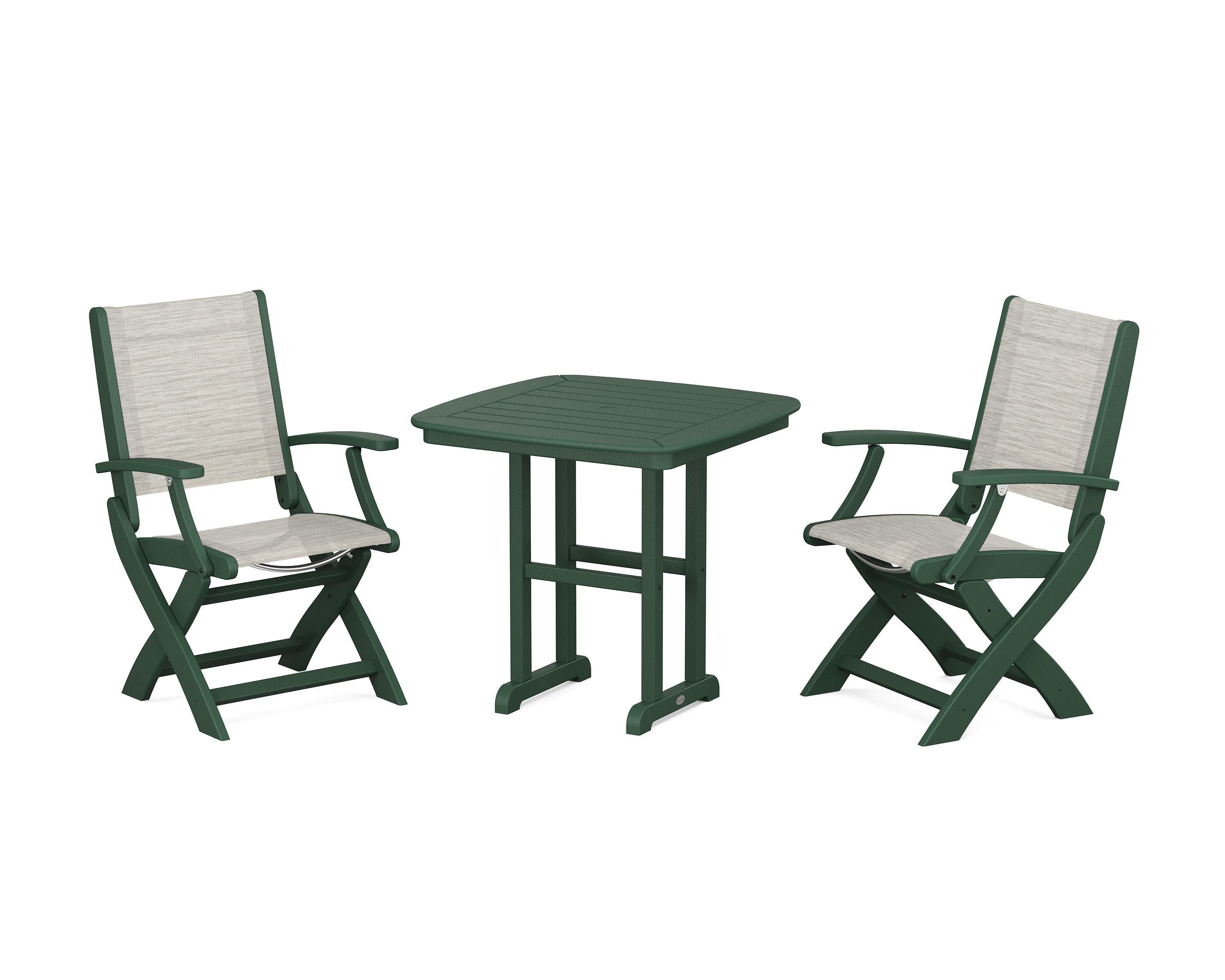 POLYWOOD Coastal Folding Chair 3-Piece Dining Set in Green / Birch Sling