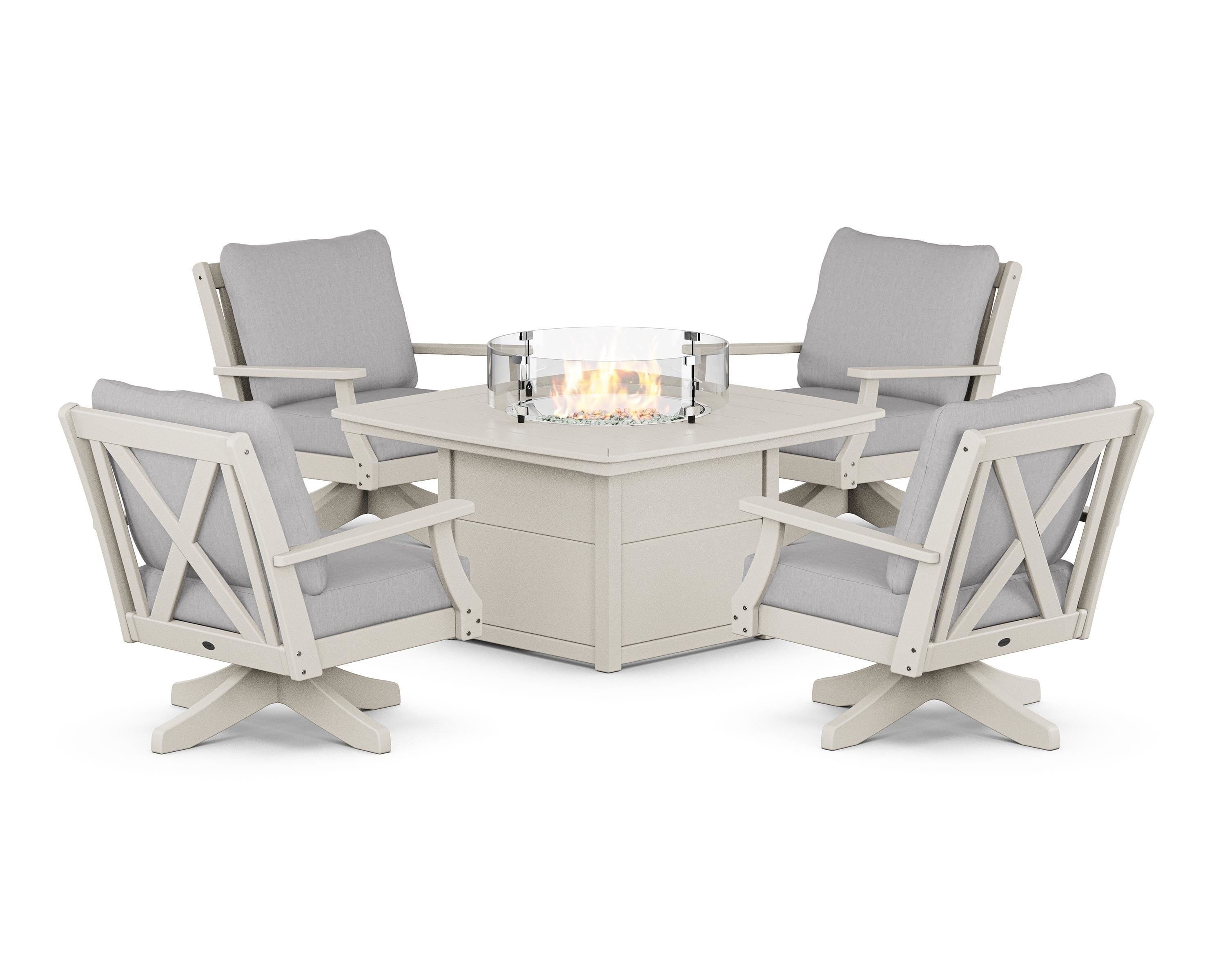 POLYWOOD Braxton 5-Piece Deep Seating Swivel Conversation Set with Fire Pit Table in Sand / Granite