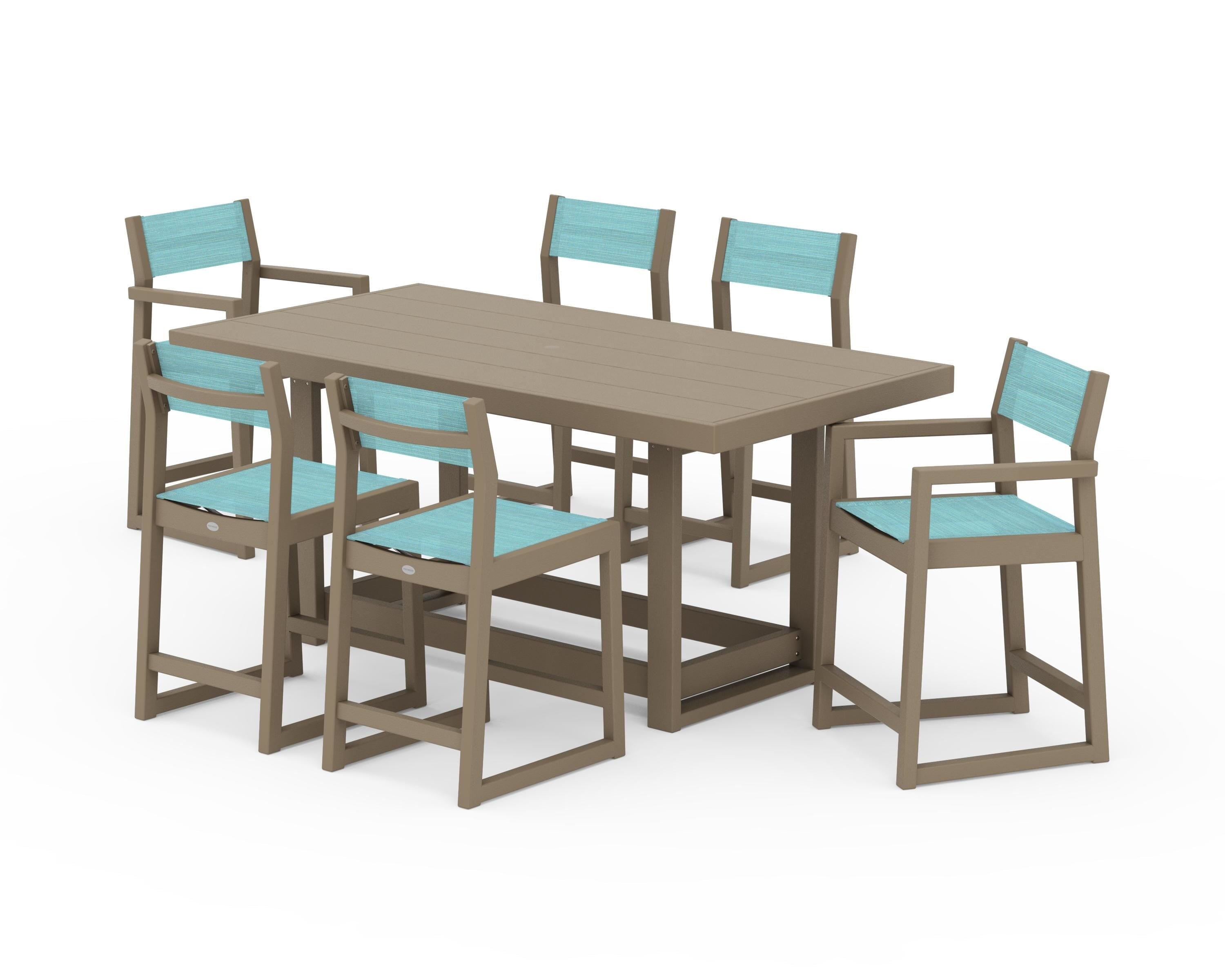 POLYWOOD EDGE Sling 7-Piece Counter Table Set in Vintage Sahara / Dupioni Aquamarine Sling