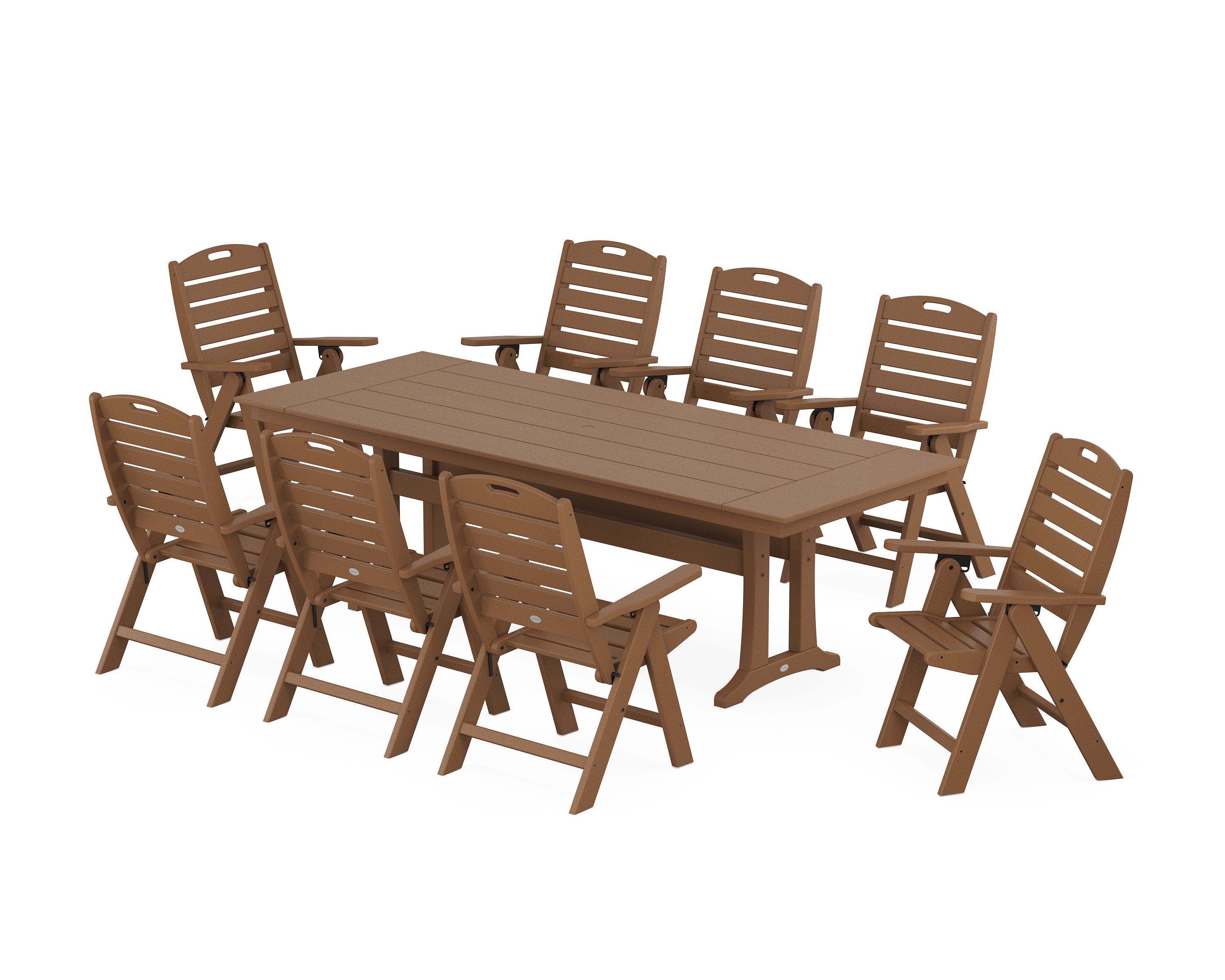 POLYWOOD Nautical Highback 9-Piece Farmhouse Dining Set with Trestle Legs in Teak