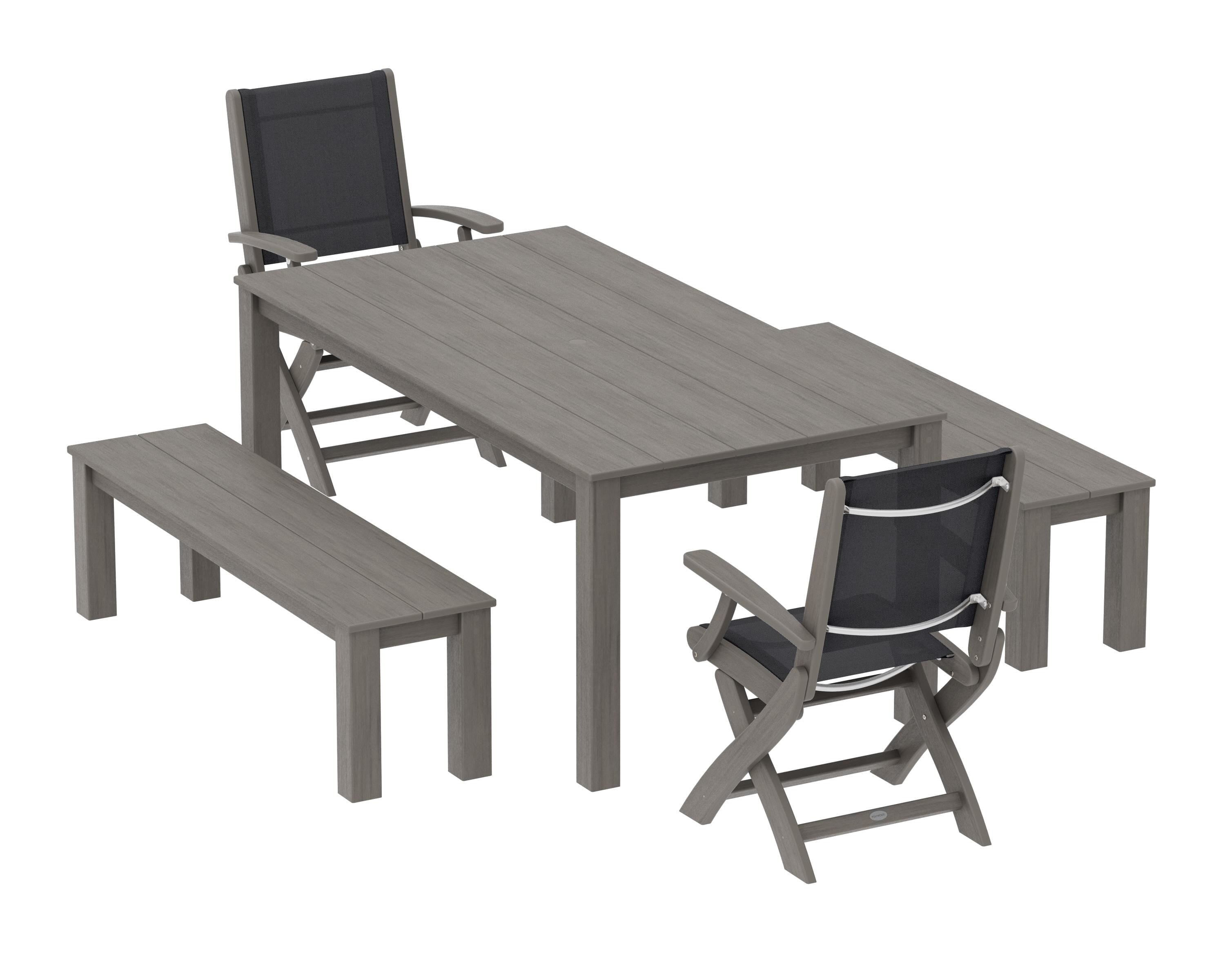 POLYWOOD Coastal Folding Chair 5-Piece Parsons Dining Set with Benches in Driftwood / Black Sling