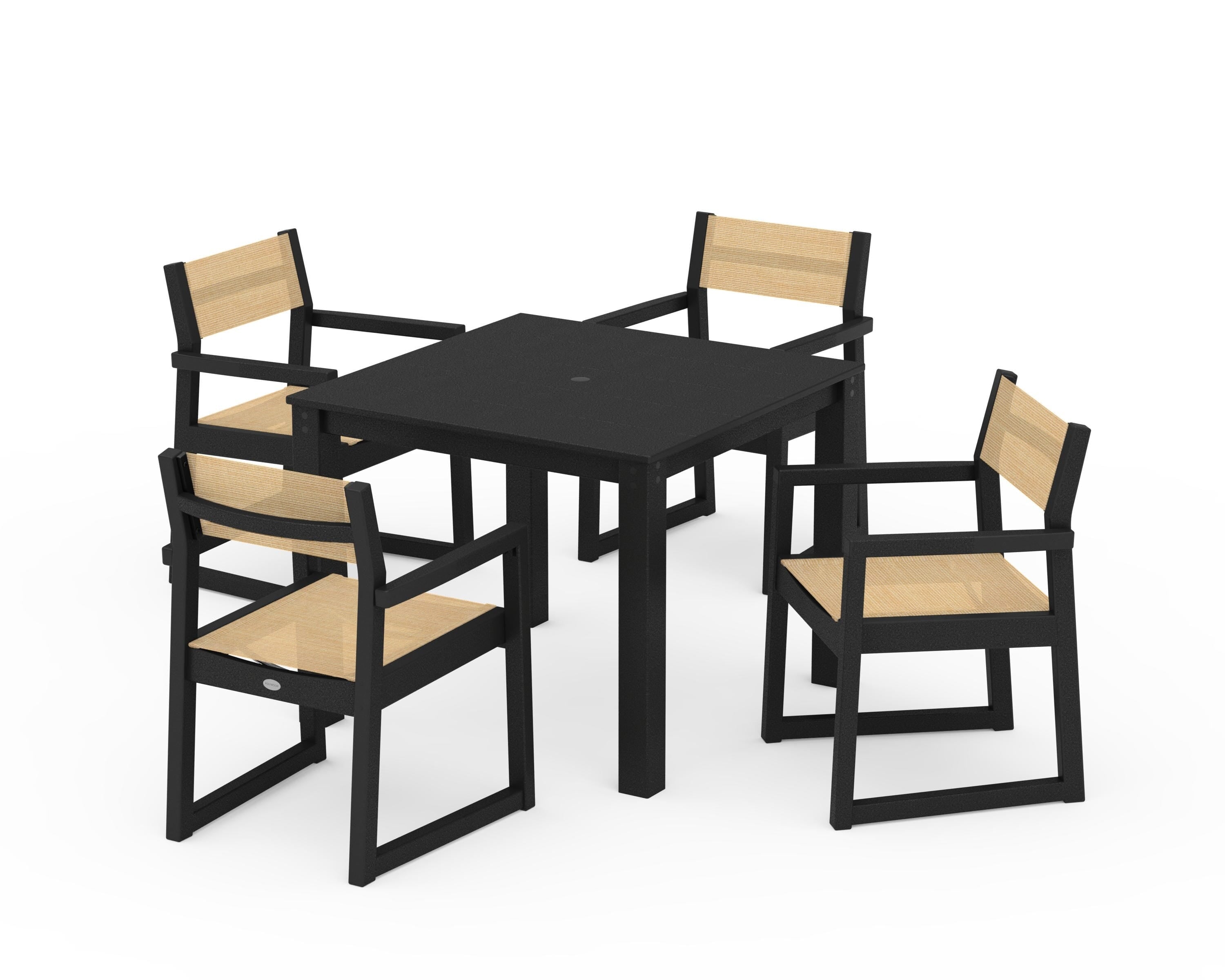 POLYWOOD EDGE Sling Arm Chair 5-Piece Parsons Dining Set in Black / Dupioni Apricot Sling
