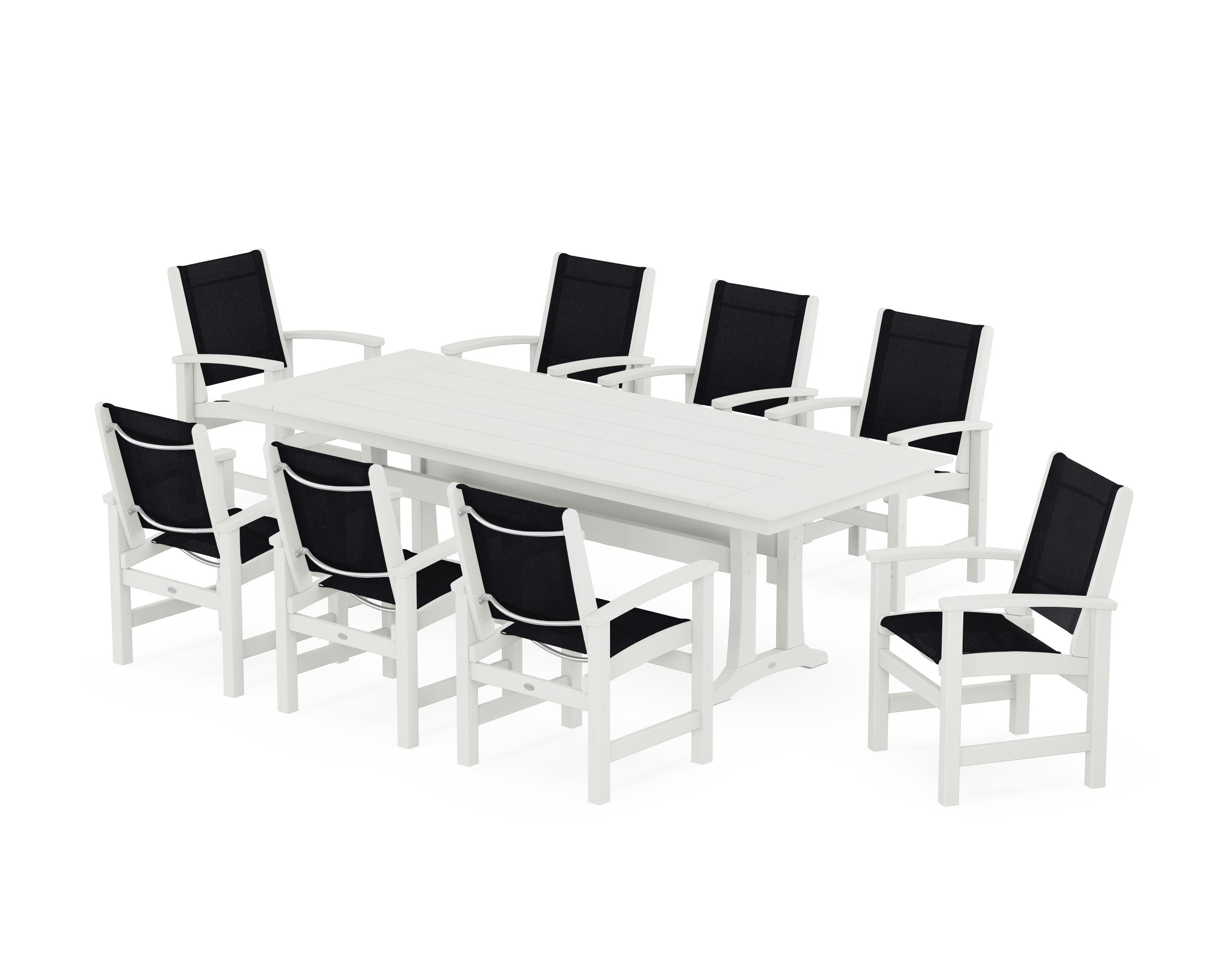 POLYWOOD Coastal 9-Piece Farmhouse Dining Set with Trestle Legs in Vintage White / Black Sling