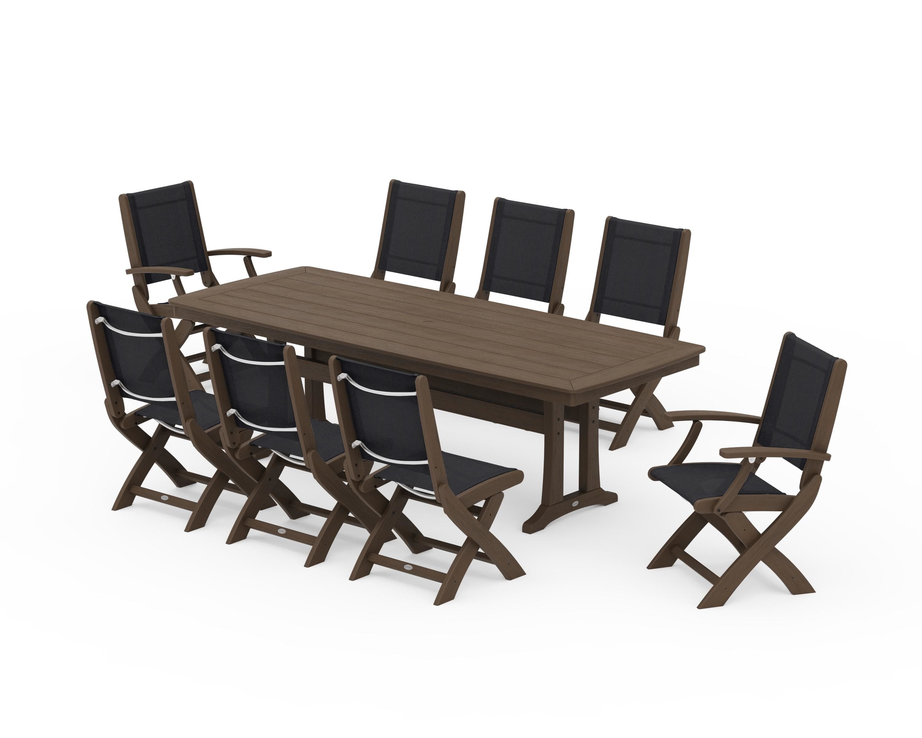 POLYWOOD Coastal Folding 9-Piece Dining Set with Trestle Legs in Kona / Black Sling