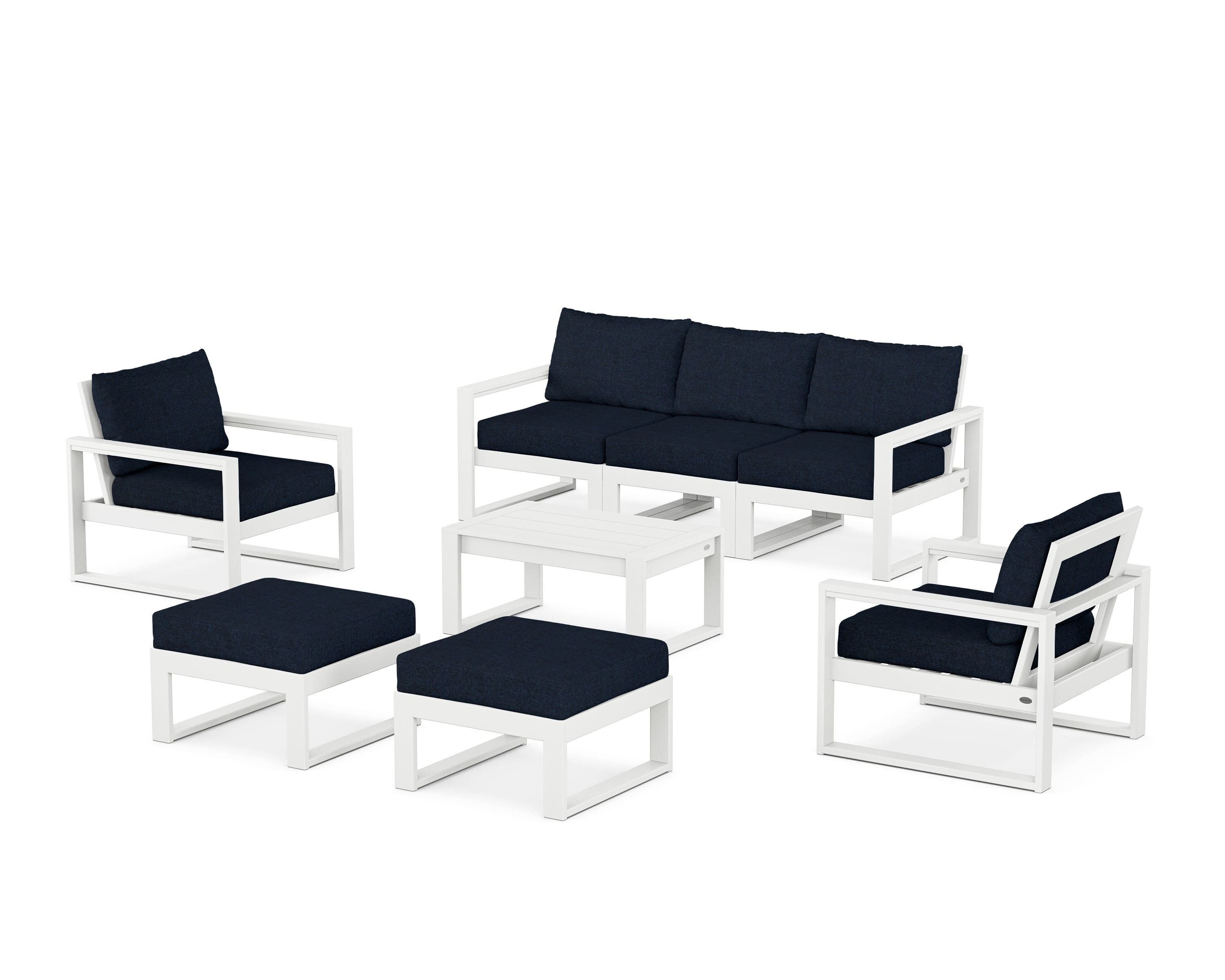 POLYWOOD EDGE Sectional 8-Piece Lounge Sofa Set in White / Marine Indigo