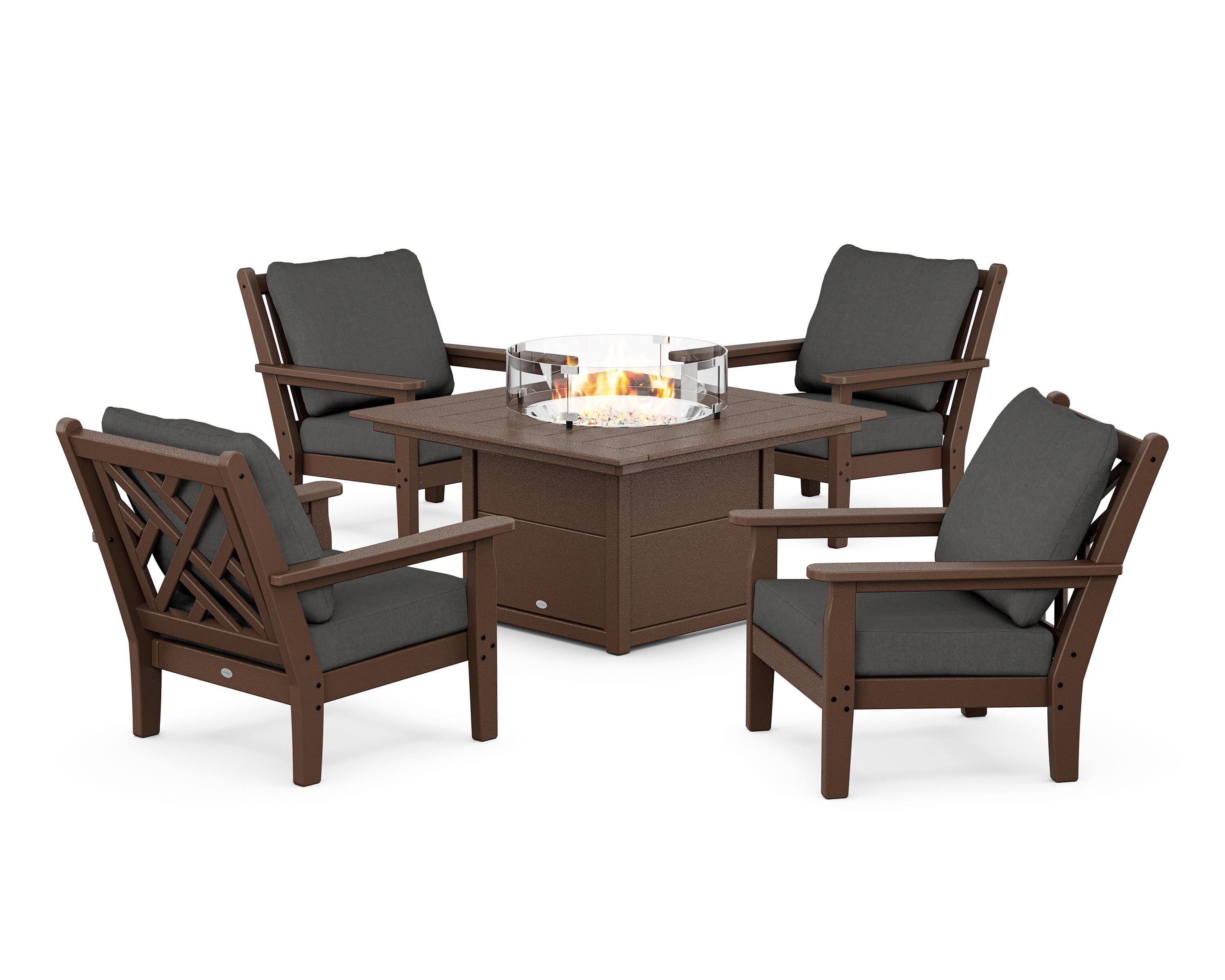 POLYWOOD Chippendale 5-Piece Deep Seating Set with Fire Pit Table in Mahogany / Spectrum Carbon