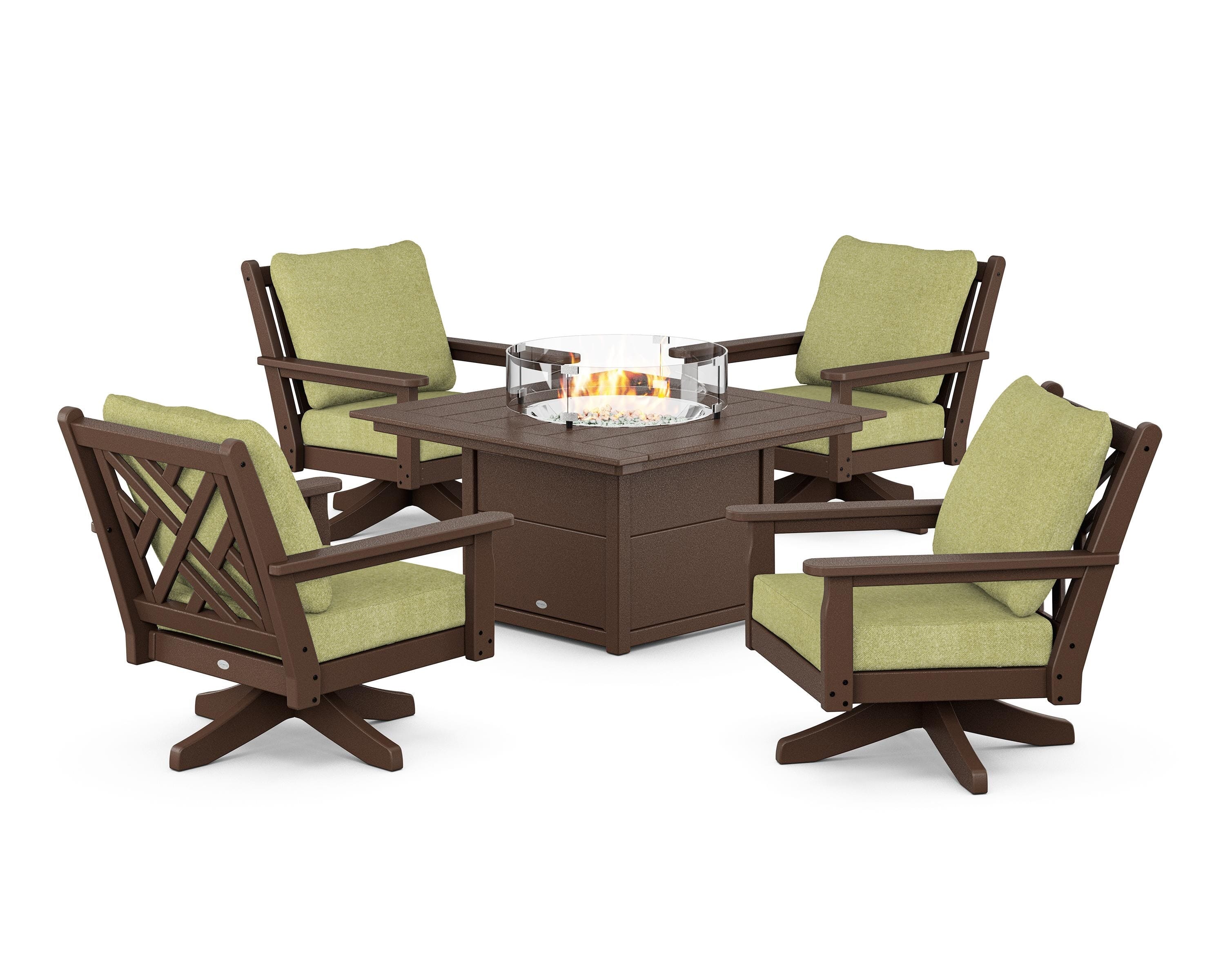 POLYWOOD Chippendale 5-Piece Deep Seating Swivel Conversation Set with Fire Pit Table in Mahogany / Chartreuse Boucle