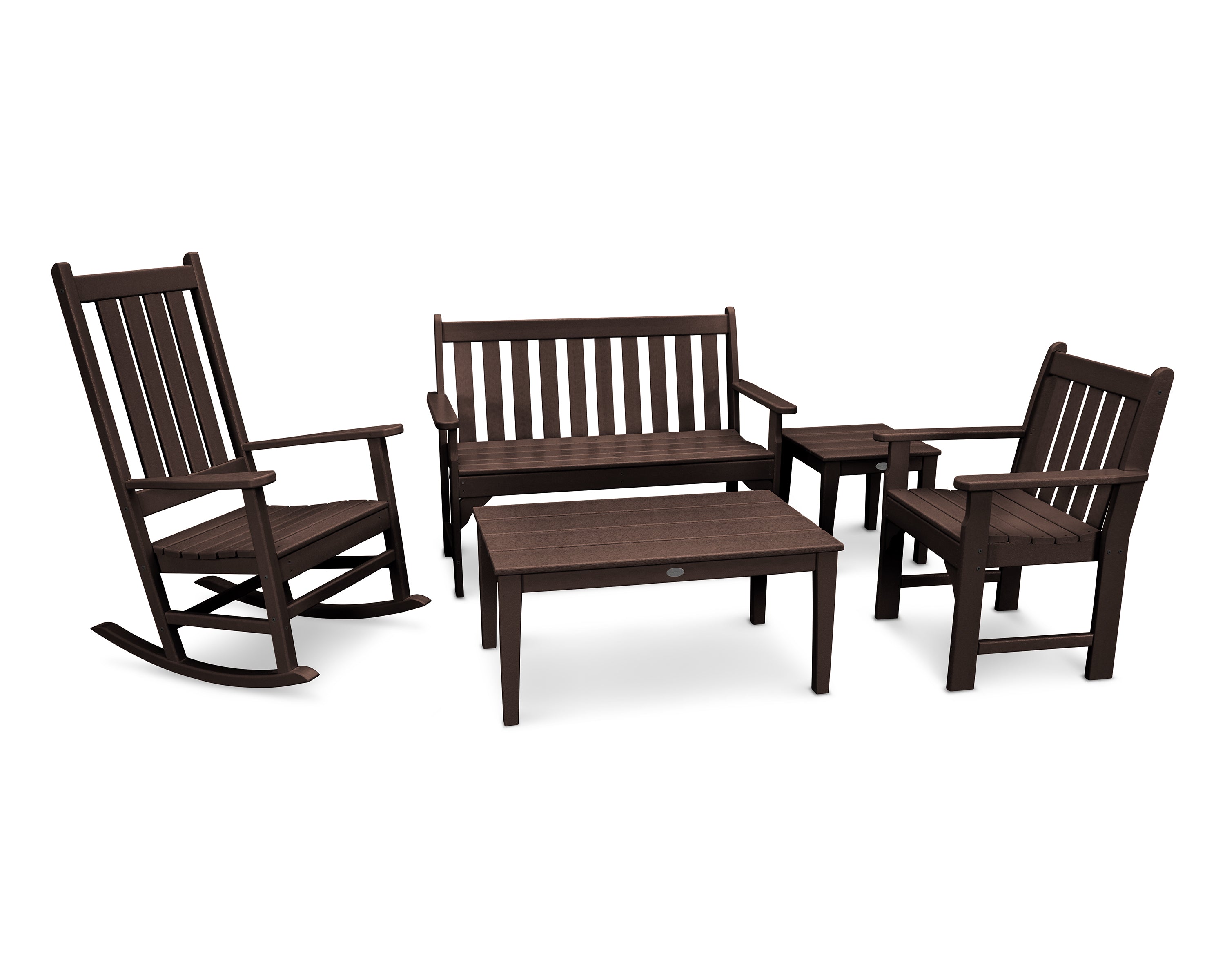 POLYWOOD Vineyard 5-Piece Bench & Rocking Chair Set in Mahogany