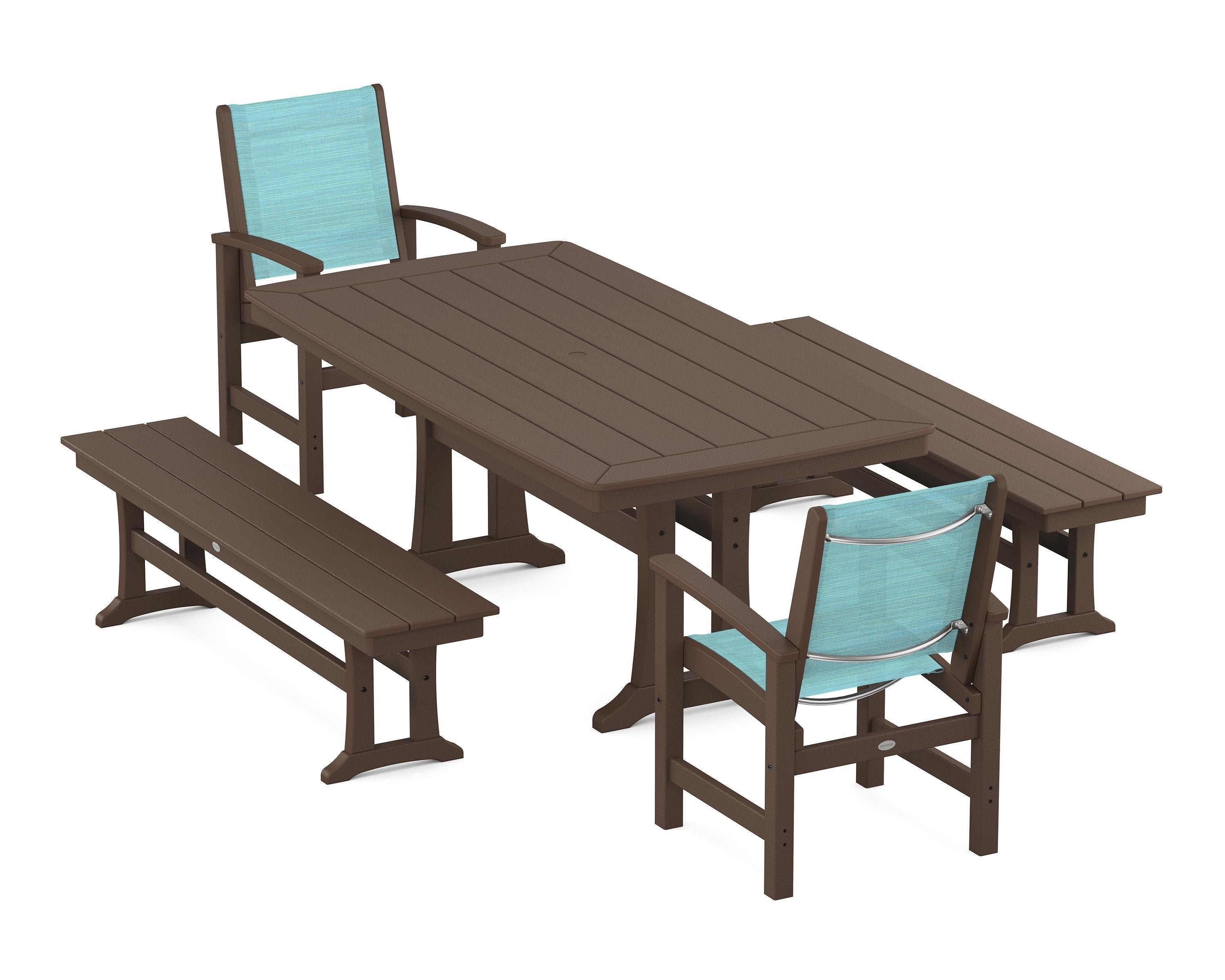 POLYWOOD Coastal 5-Piece Dining Set with Trestle Legs and Benches in Mahogany / Dupioni Aquamarine Sling