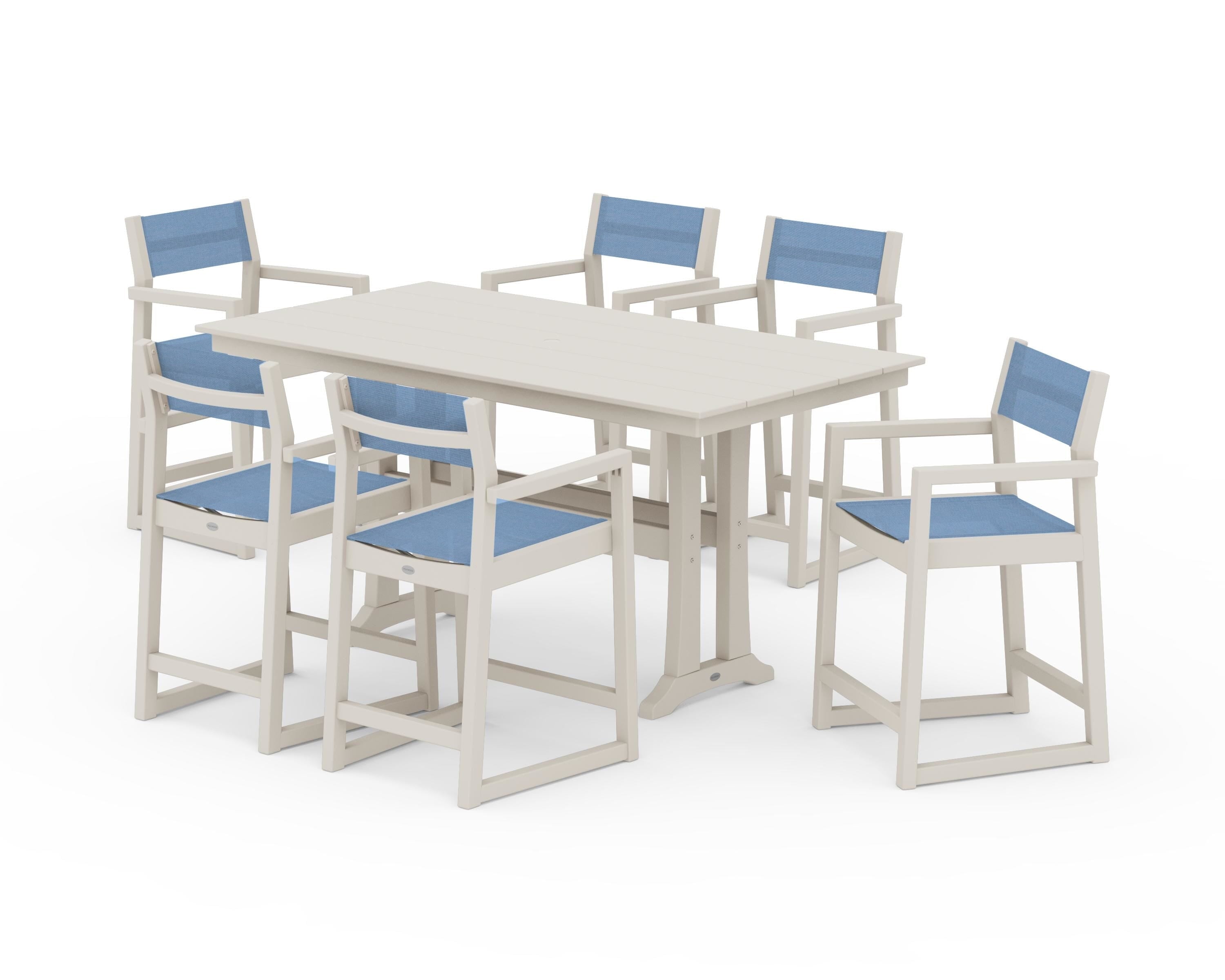 POLYWOOD EDGE Sling Arm Chair 7-Piece Farmhouse Counter Set with Trestle Legs in Sand / Poolside Sling
