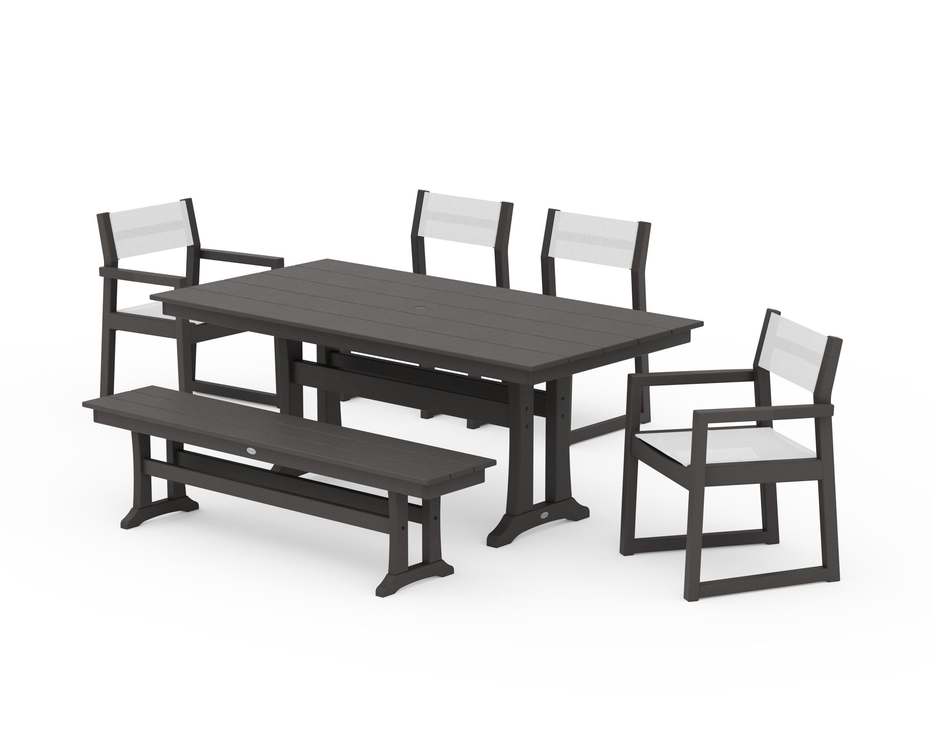 POLYWOOD EDGE Sling 6-Piece Farmhouse Dining Set With Trestle Legs in Vintage Coffee / White Sling