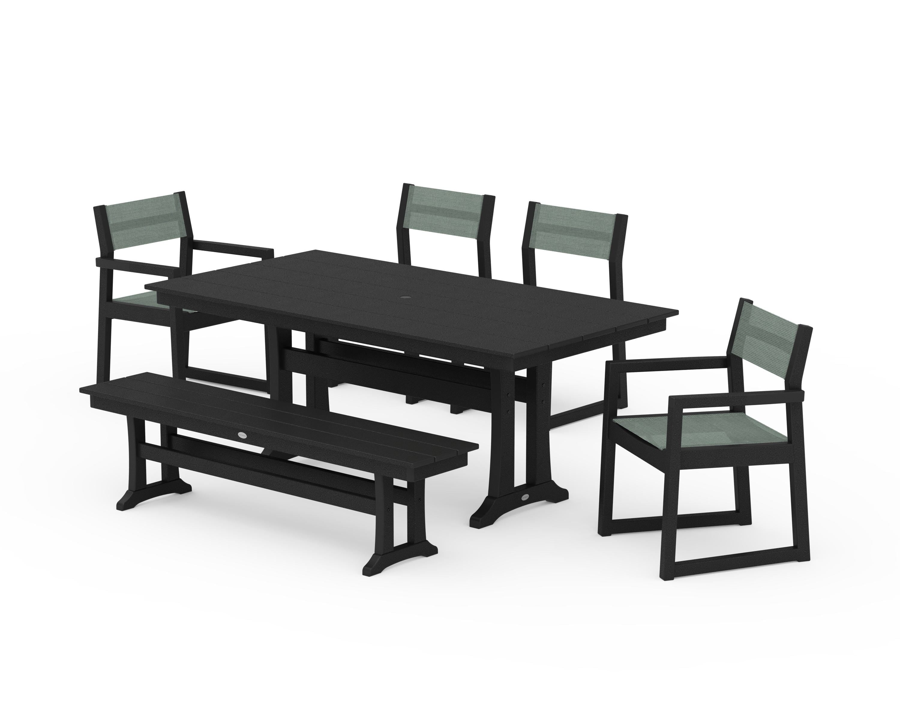 POLYWOOD EDGE Sling 6-Piece Farmhouse Dining Set With Trestle Legs in Black / Dupioni Sea Mist Sling