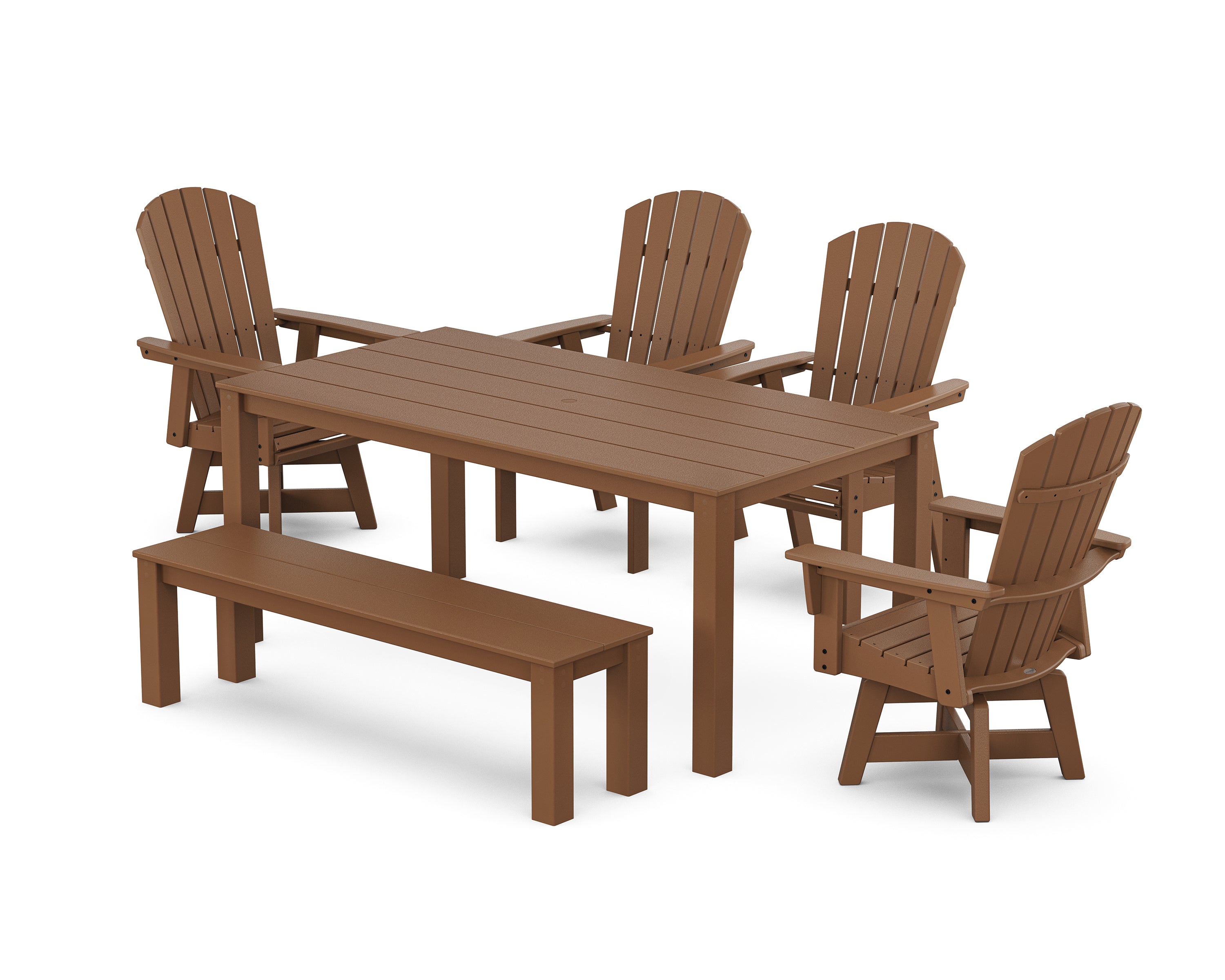 POLYWOOD Nautical Curveback Adirondack Swivel 6-Piece Parsons Dining Set with Bench in Teak