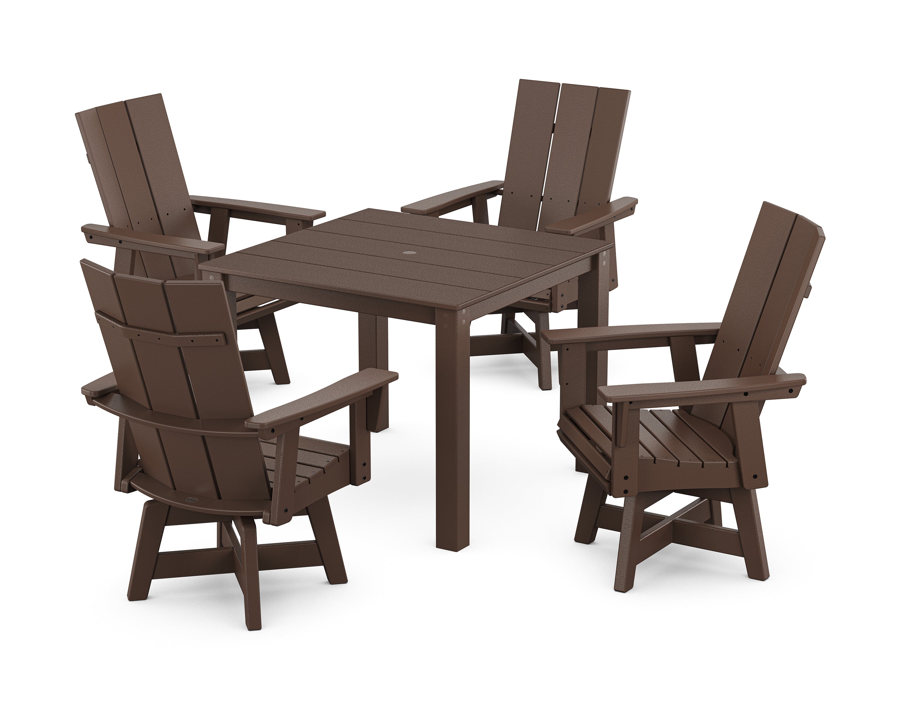 POLYWOOD® Modern Curveback Adirondack 5-Piece Parsons Swivel Dining Set in Mahogany