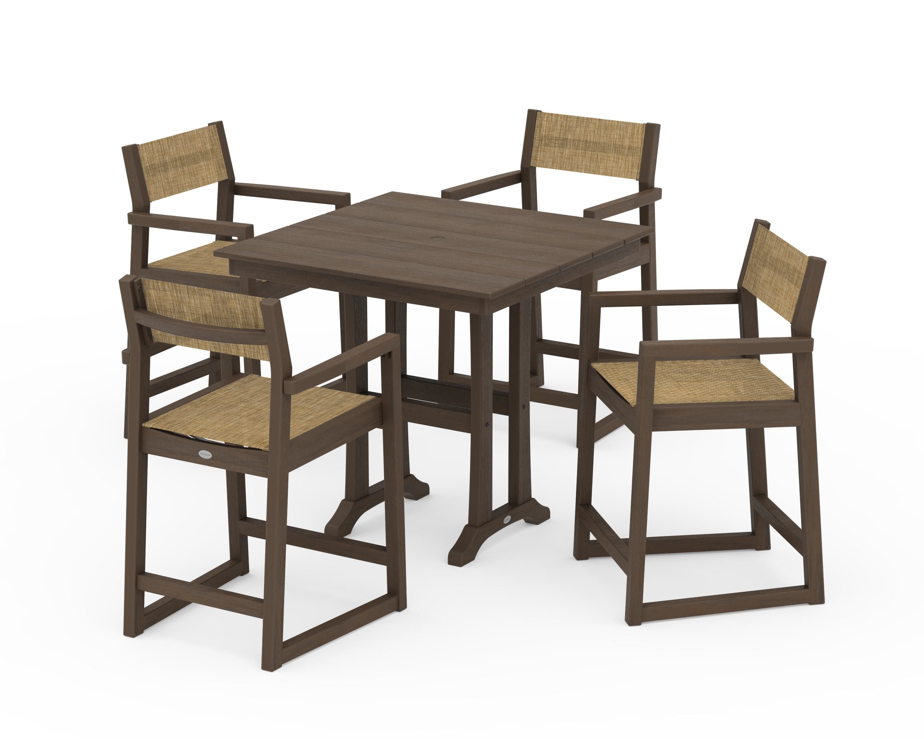 POLYWOOD EDGE Sling Arm Chair 5-Piece Farmhouse Counter Set with Trestle Legs in Kona / Burlap Sling
